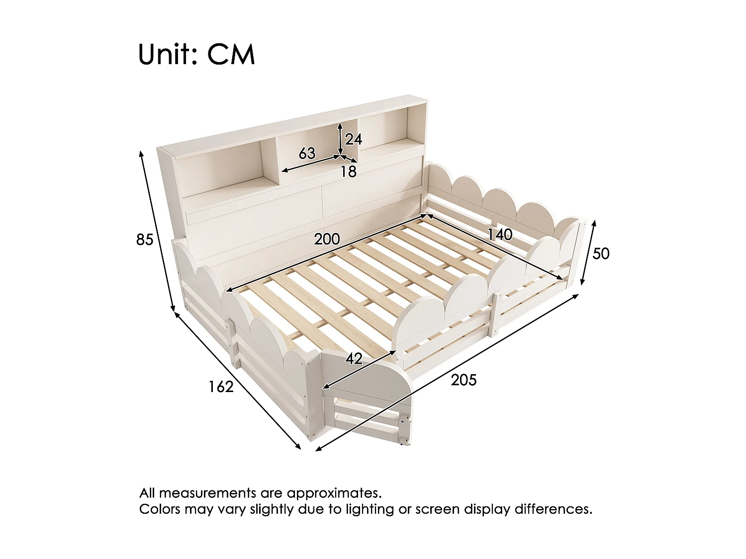 Lit enfant au sol en bois - 140 x 200 cm - avec protection + porte + sommier à lattes + étagère de rangement - bois - blanc