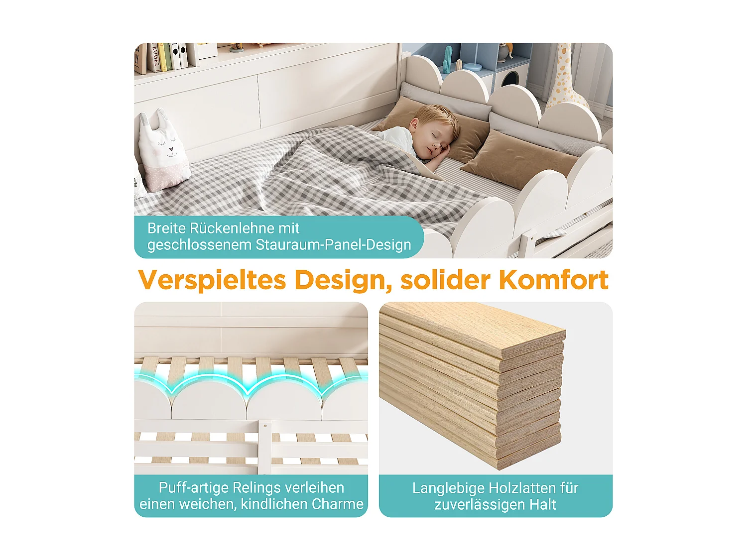 Lit enfant au sol en bois - 140 x 200 cm - avec protection + porte + sommier à lattes + étagère de rangement - bois - blanc