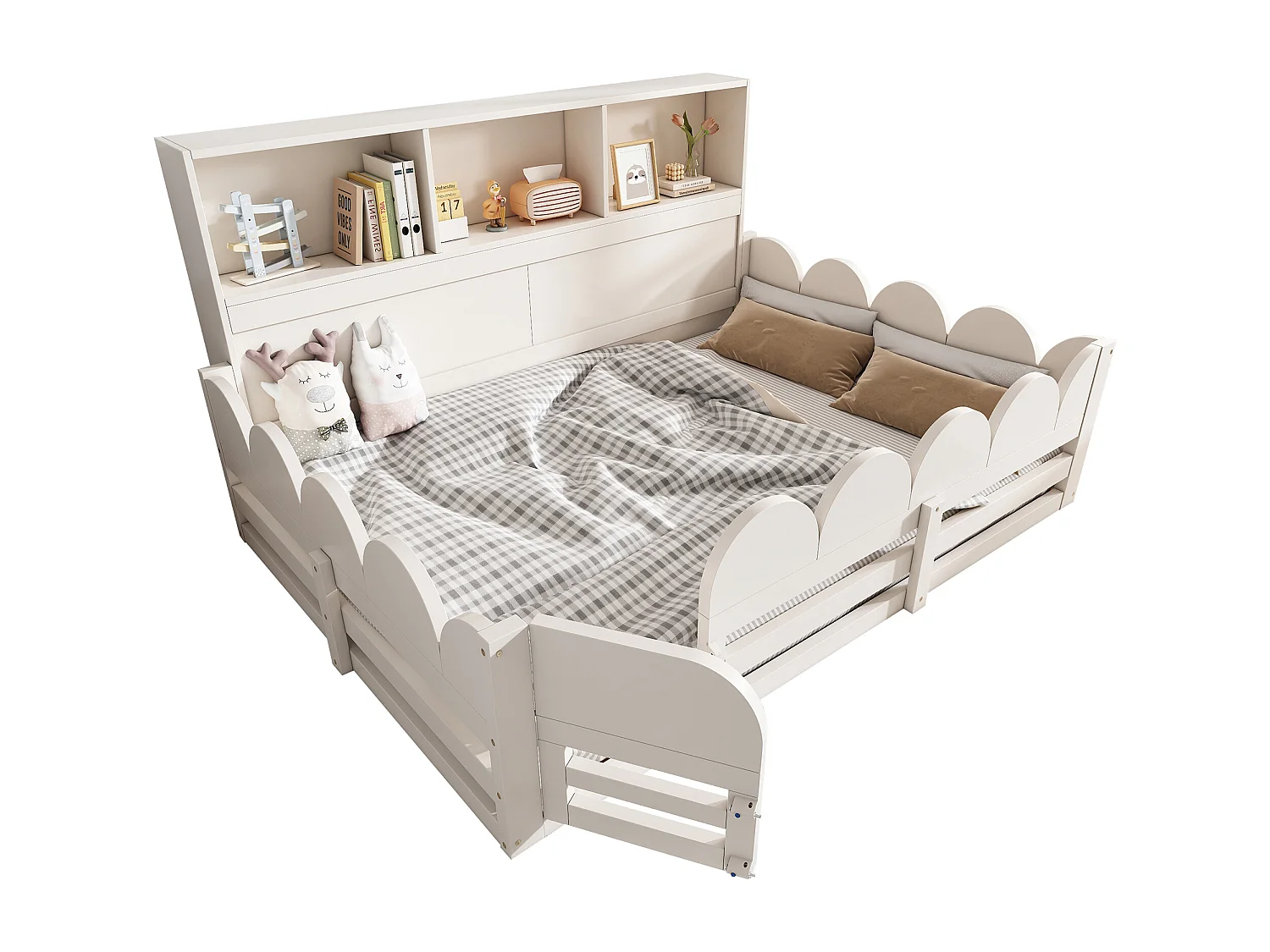 Lit enfant au sol en bois - 140 x 200 cm - avec protection + porte + sommier à lattes + étagère de rangement - bois - blanc