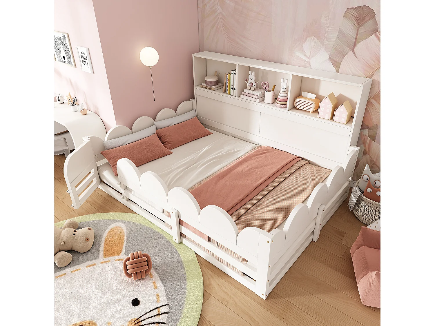 Lit enfant au sol en bois - 140 x 200 cm - avec protection + porte + sommier à lattes + étagère de rangement - bois - blanc