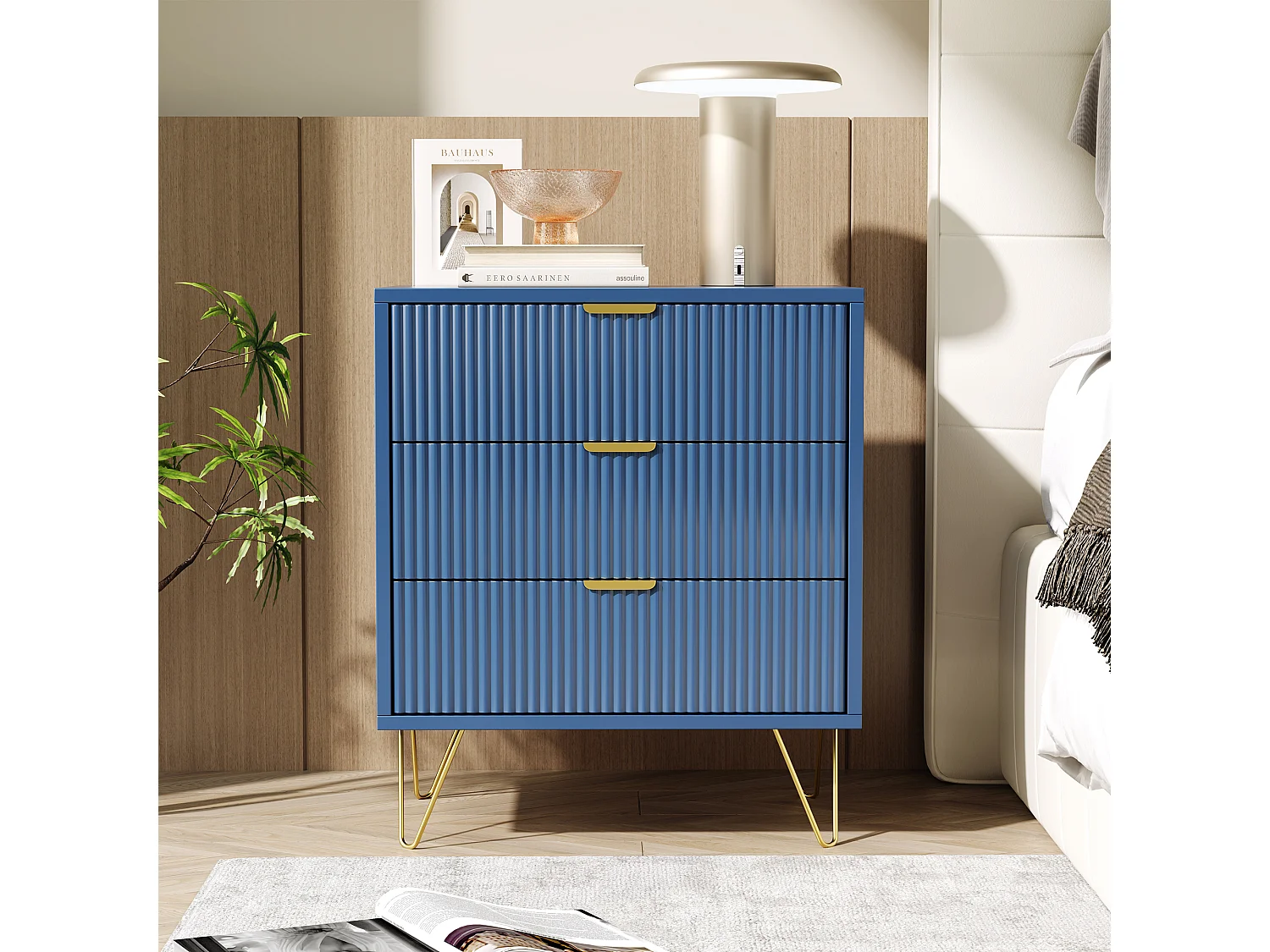 Commode à 3 tiroirs, meuble de rangement, avec poignées dorées,table de chevet, 60 x 40 x 70 cm, bleue