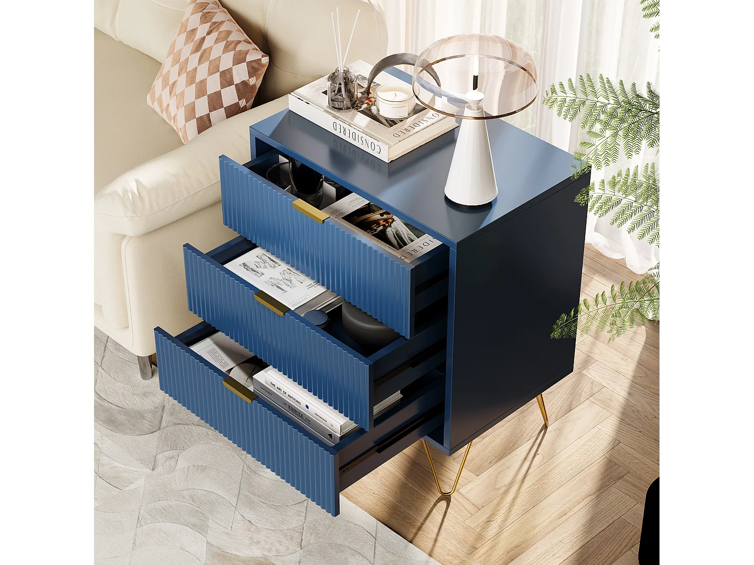 Commode à 3 tiroirs, meuble de rangement, avec poignées dorées,table de chevet, 60 x 40 x 70 cm, bleue