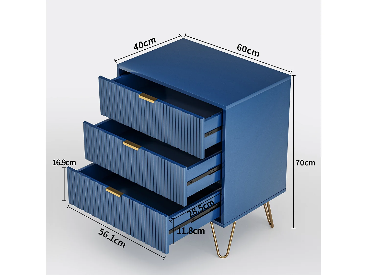 Commode à 3 tiroirs, meuble de rangement, avec poignées dorées,table de chevet, 60 x 40 x 70 cm, bleue