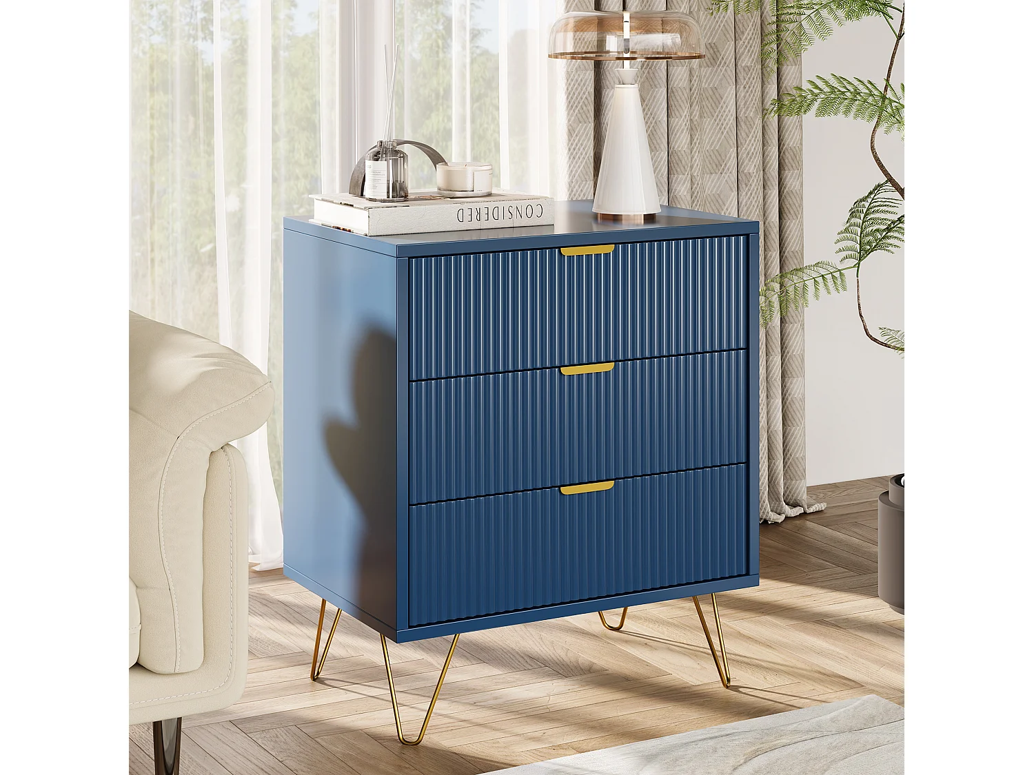 Commode à 3 tiroirs, meuble de rangement, avec poignées dorées,table de chevet, 60 x 40 x 70 cm, bleue