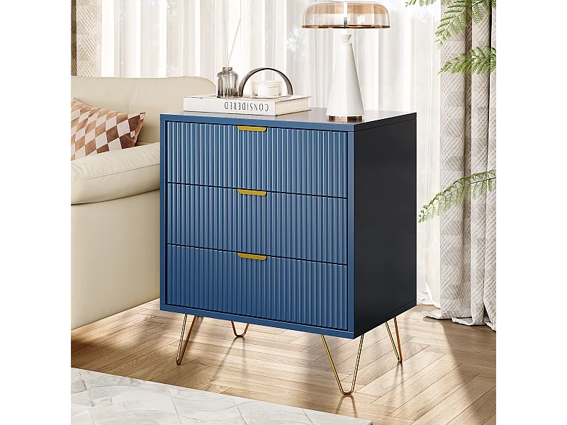 Commode à 3 tiroirs, meuble de rangement, avec poignées dorées,table de chevet, 60 x 40 x 70 cm, bleue