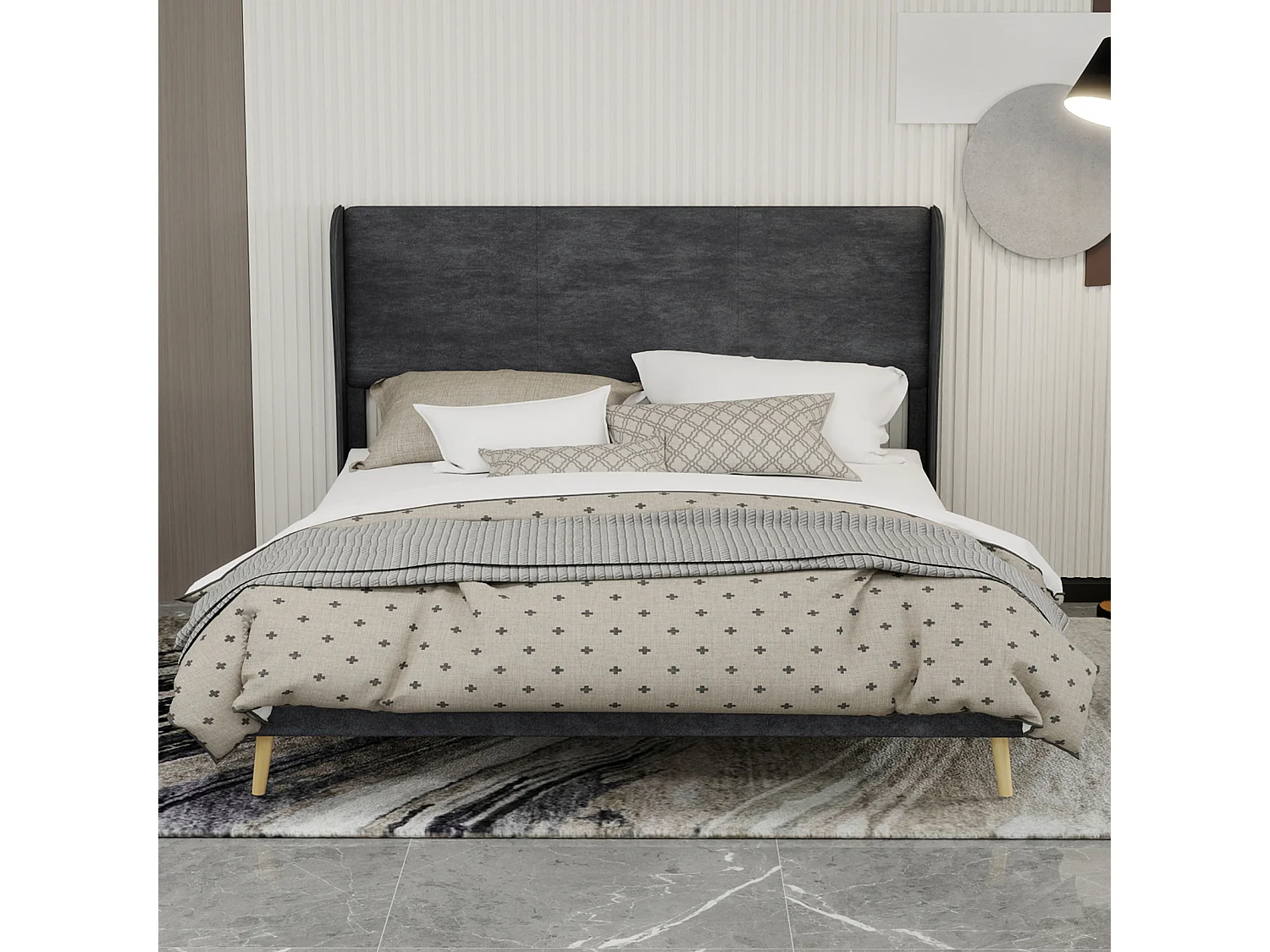 Lit adulte 160x200cm en velours gris - Lit capitonné avec tête de lit, sans matelas