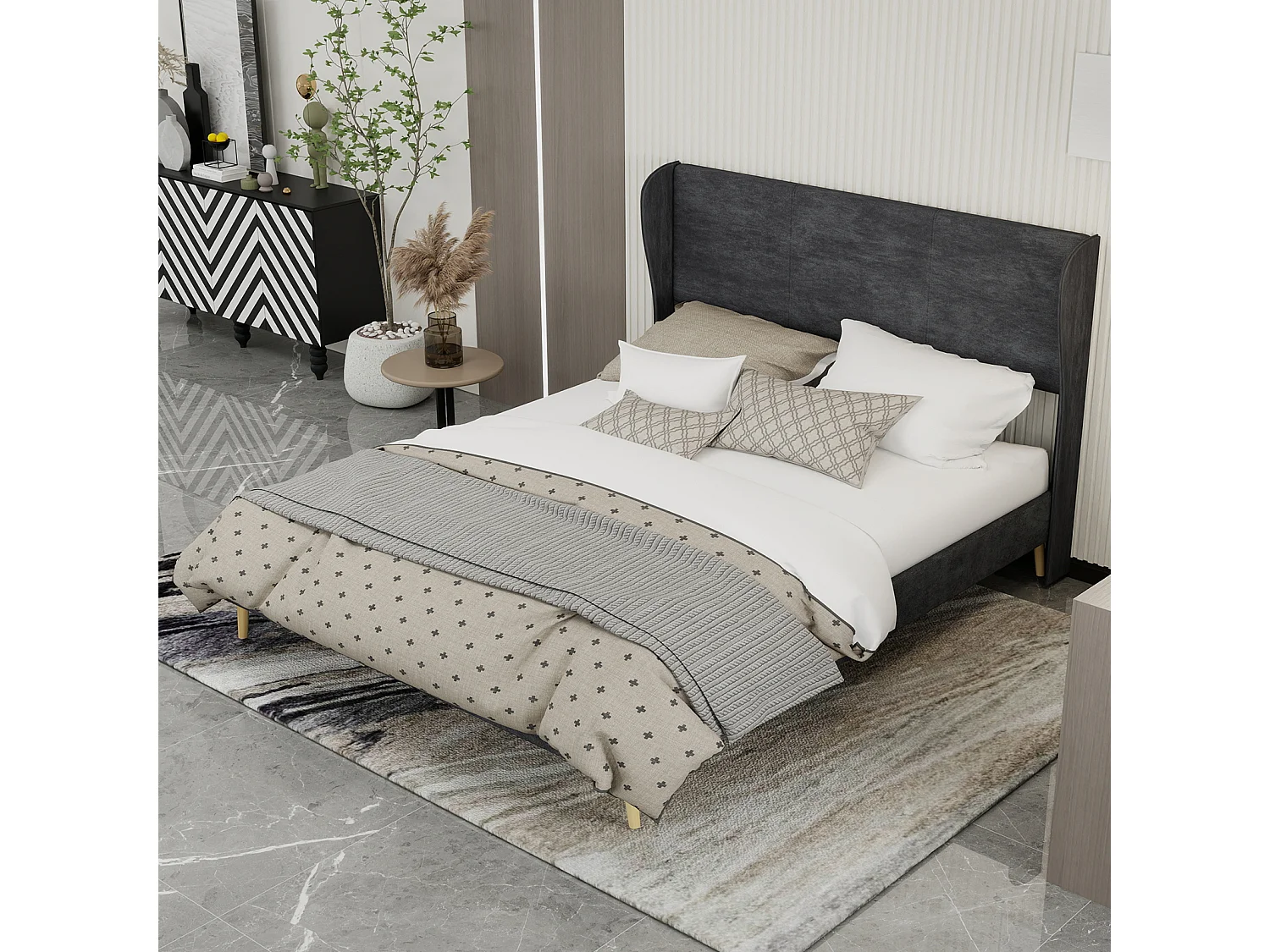 Lit adulte 160x200cm en velours gris - Lit capitonné avec tête de lit, sans matelas