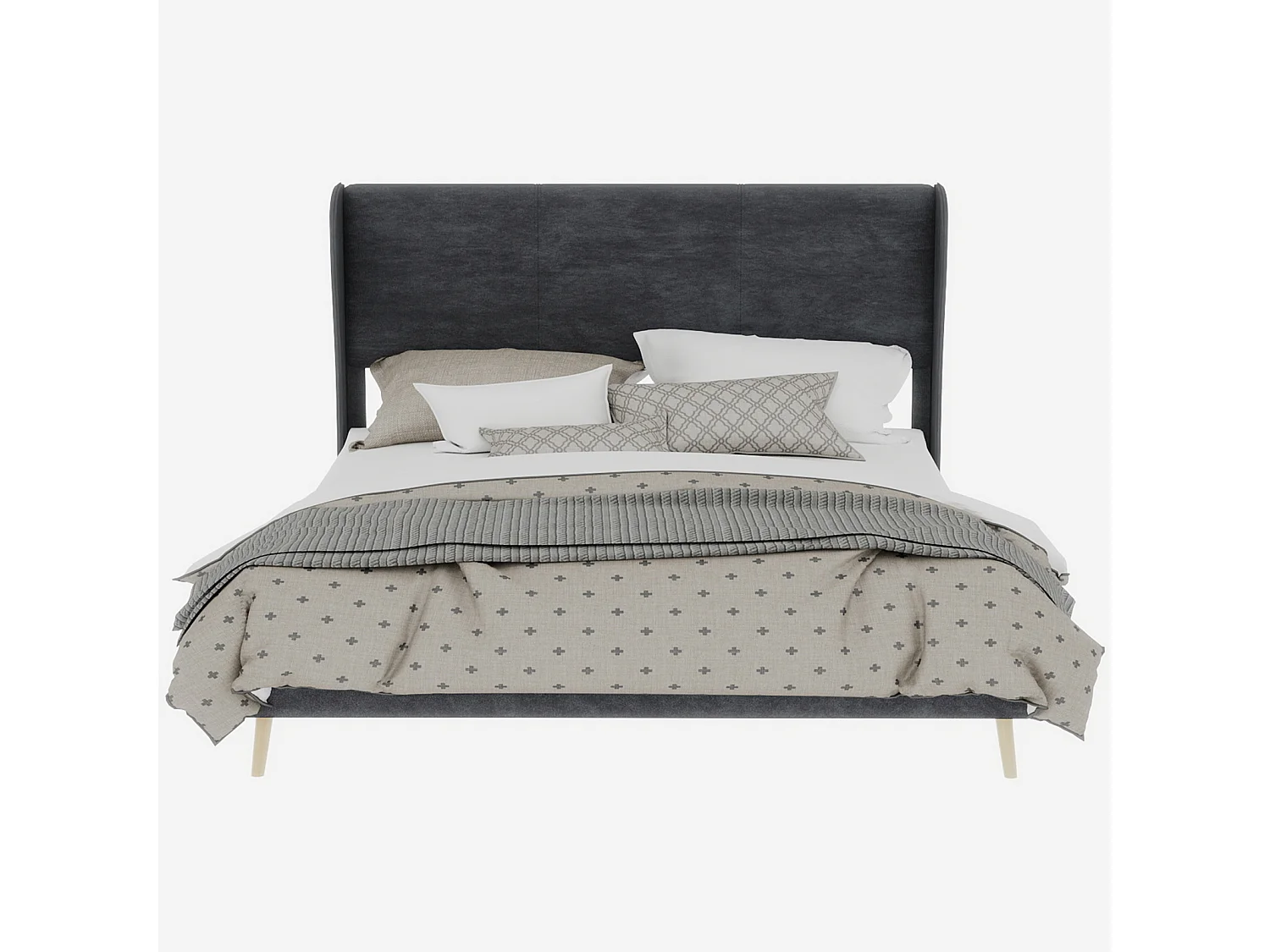 Lit adulte 160x200cm en velours gris - Lit capitonné avec tête de lit, sans matelas