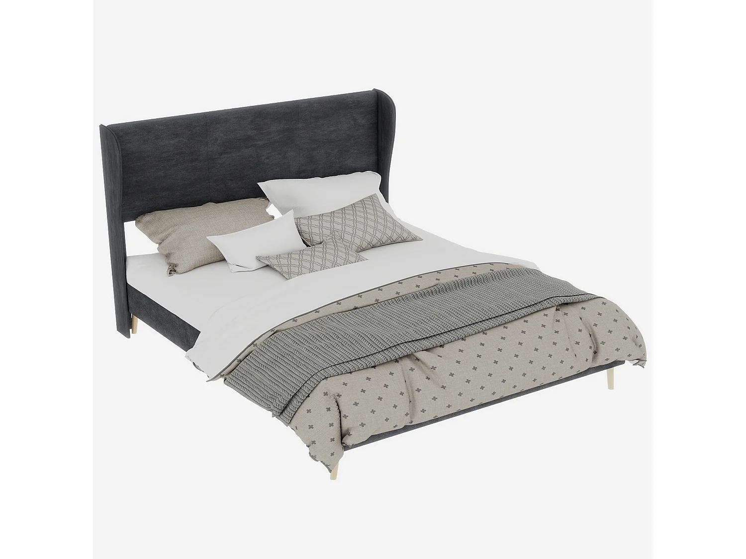 Lit adulte 160x200cm en velours gris - Lit capitonné avec tête de lit, sans matelas