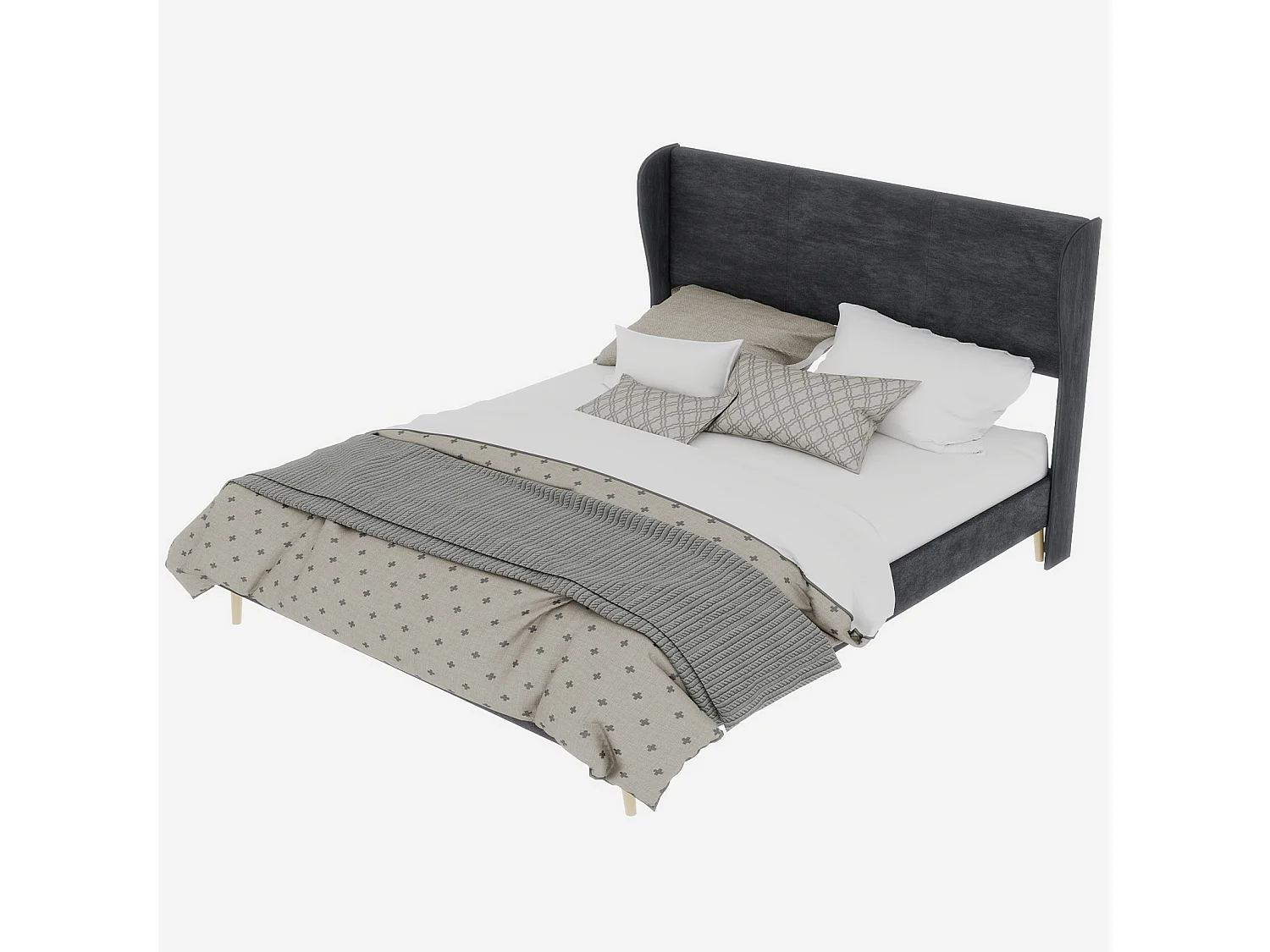 Lit adulte 160x200cm en velours gris - Lit capitonné avec tête de lit, sans matelas