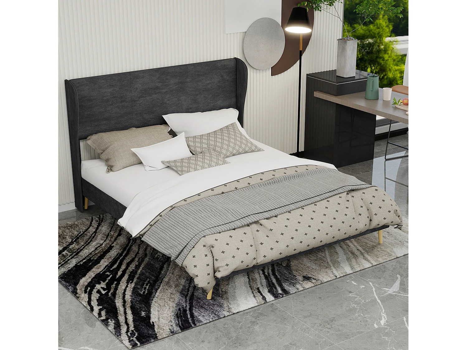 Lit adulte 160x200cm en velours gris - Lit capitonné avec tête de lit, sans matelas