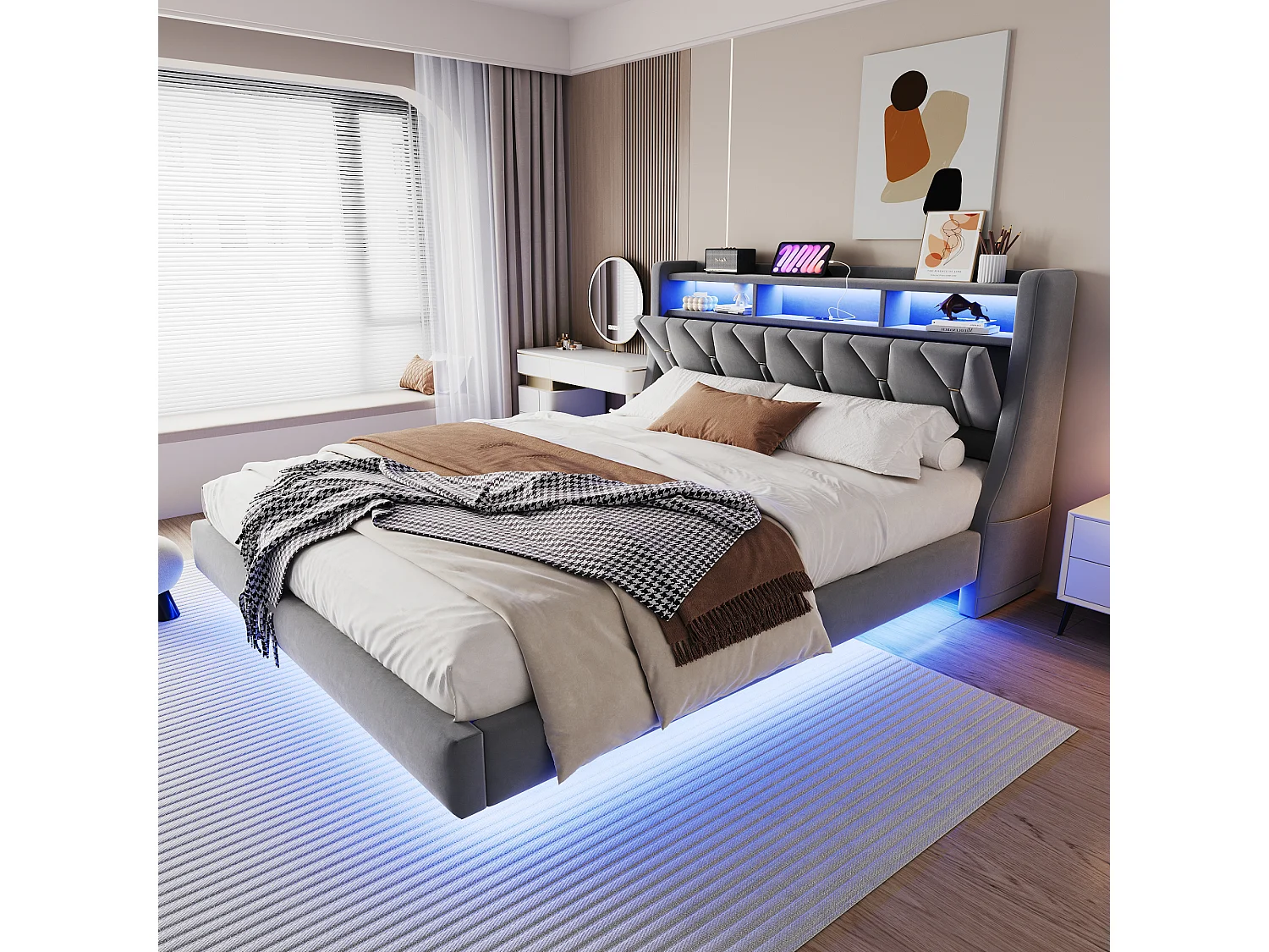 Łóżko tapicerowane dwuosobowe - 180 x 200 cm - składany tapicerowany zagłówek ze schowkiem + diody LED - płyta MDF - szare