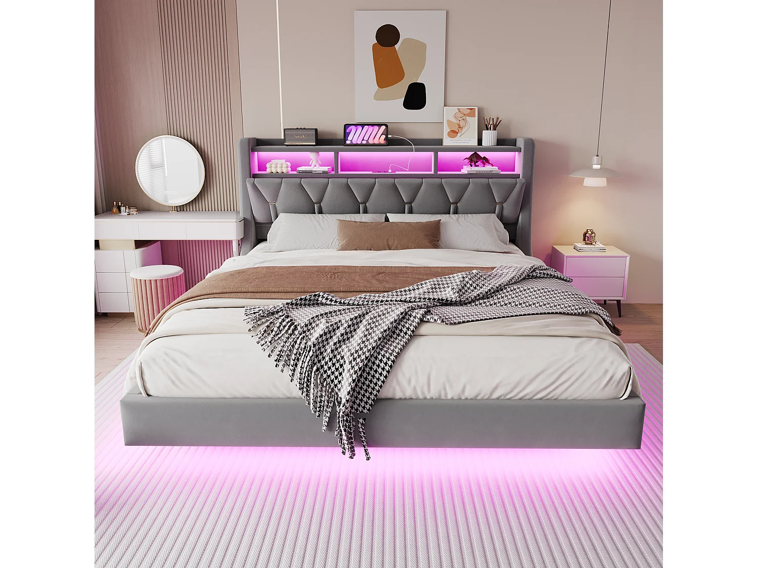 Łóżko tapicerowane dwuosobowe - 180 x 200 cm - składany tapicerowany zagłówek ze schowkiem + diody LED - płyta MDF - szare