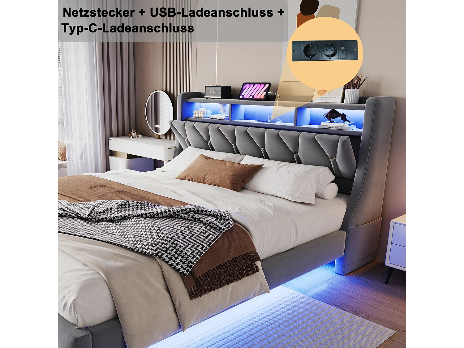 Łóżko tapicerowane dwuosobowe - 180 x 200 cm - składany tapicerowany zagłówek ze schowkiem + diody LED - płyta MDF - szare