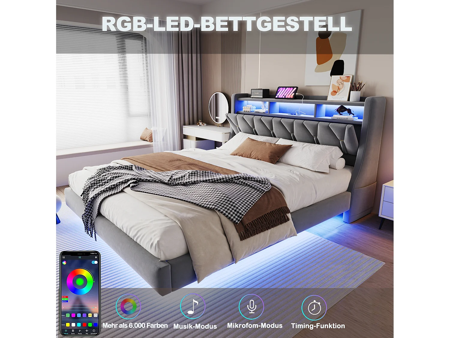 Łóżko tapicerowane dwuosobowe - 180 x 200 cm - składany tapicerowany zagłówek ze schowkiem + diody LED - płyta MDF - szare