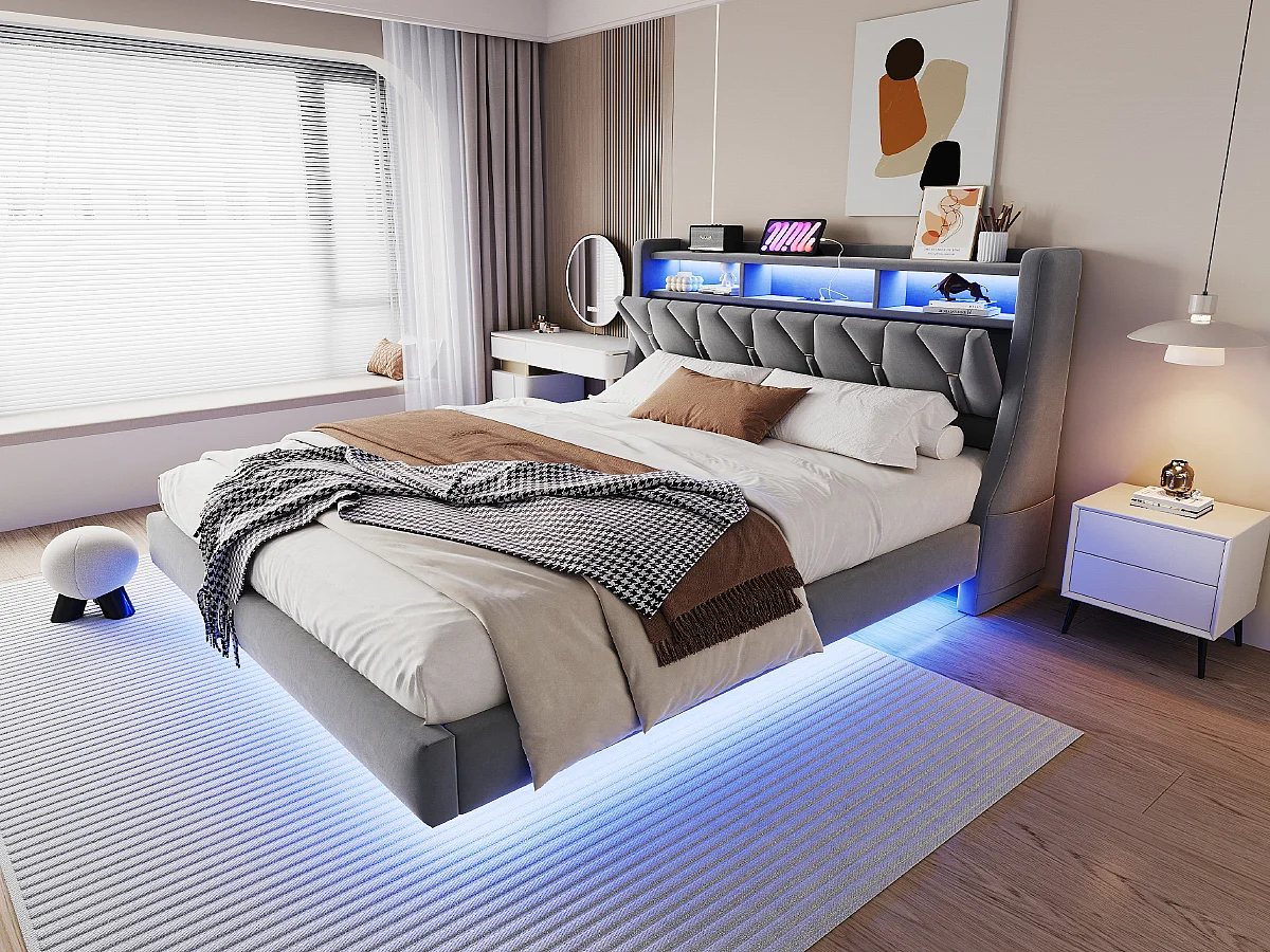 Łóżko tapicerowane dwuosobowe - 180 x 200 cm - składany tapicerowany zagłówek ze schowkiem + diody LED - płyta MDF - szare