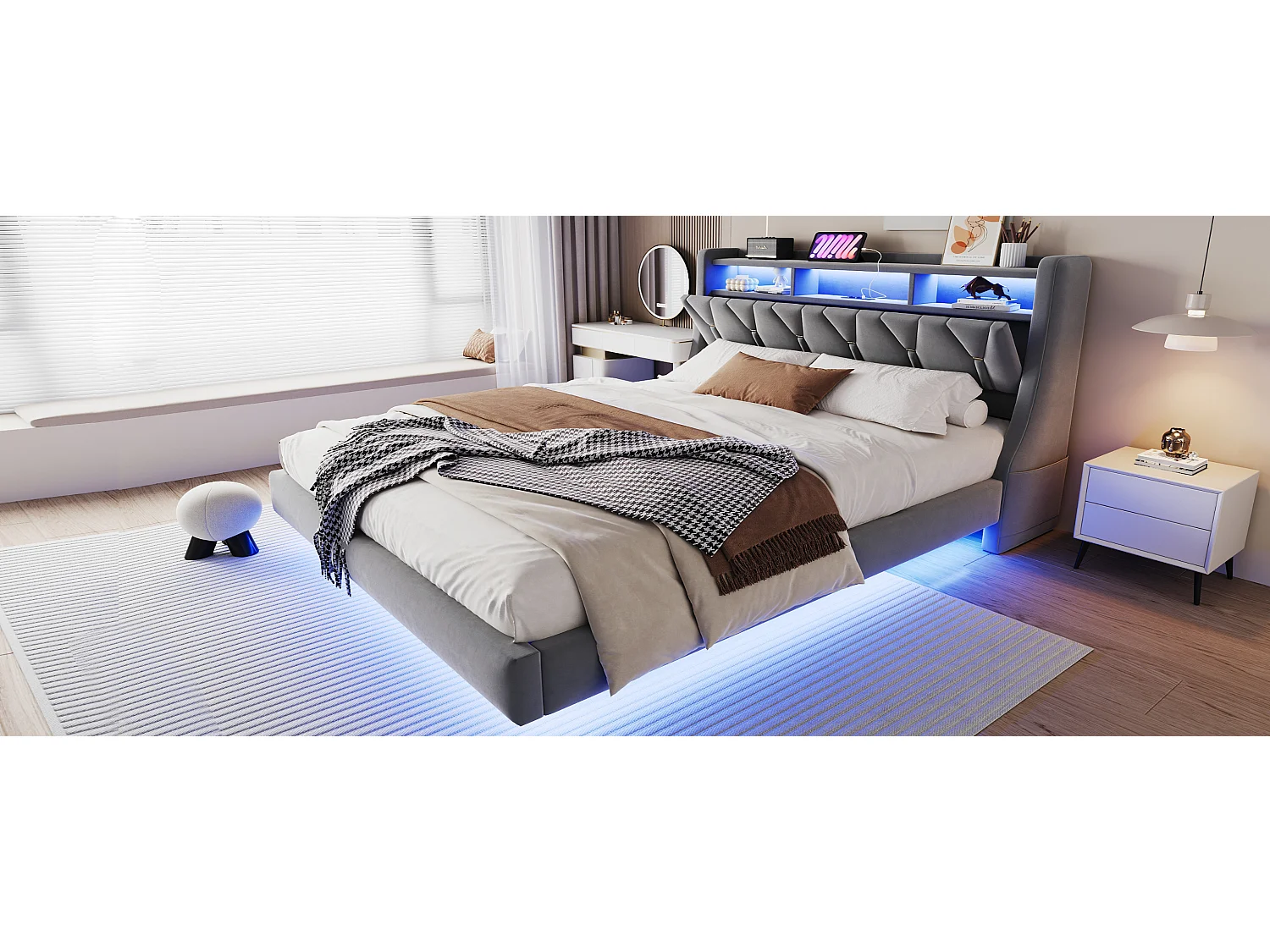 Łóżko tapicerowane dwuosobowe - 180 x 200 cm - składany tapicerowany zagłówek ze schowkiem + diody LED - płyta MDF - szare