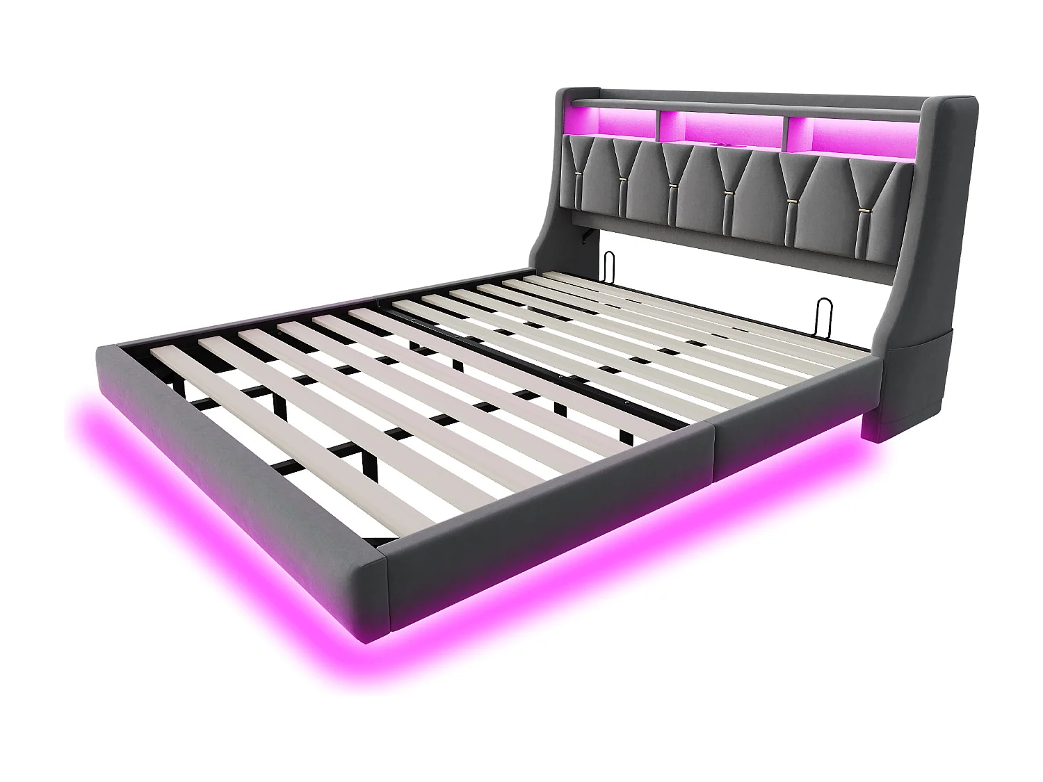 Łóżko tapicerowane dwuosobowe - 180 x 200 cm - składany tapicerowany zagłówek ze schowkiem + diody LED - płyta MDF - szare