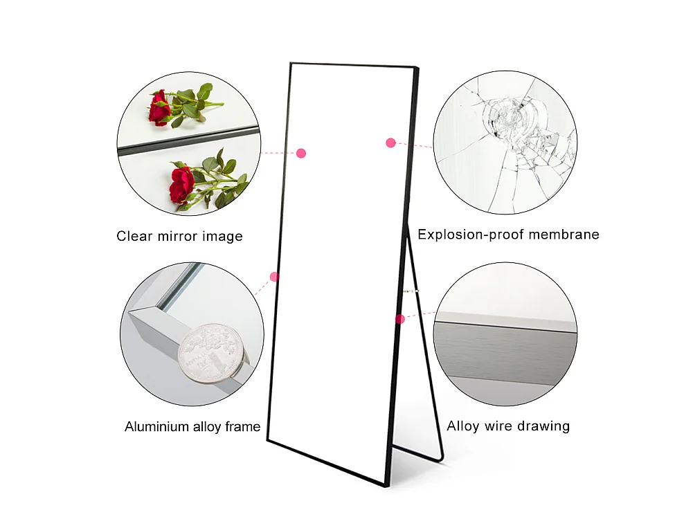 Vrijstaande spiegel 150 x 40 cm - staande spiegel, frame van aluminiumlegering - wandspiegel - zwart