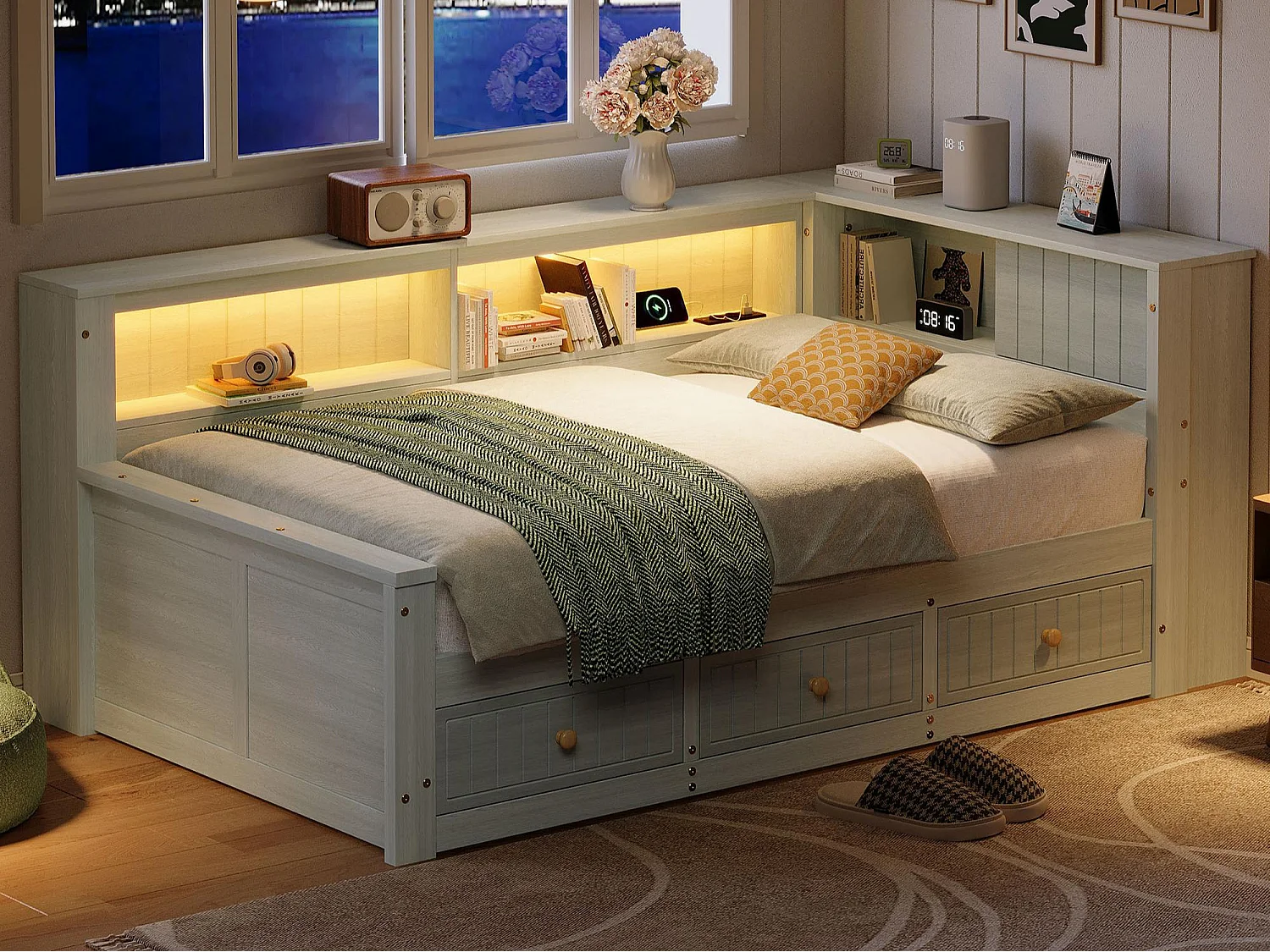 Canapé-lit en bois 90x200 cm - avec éclairage LED - 3 tiroirs - Étagères de rangement - MDF - Gris (matelas non inclus)