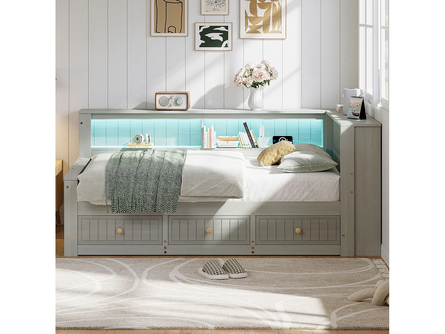 Canapé-lit en bois 90x200 cm - avec éclairage LED - 3 tiroirs - Étagères de rangement - MDF - Gris (matelas non inclus)