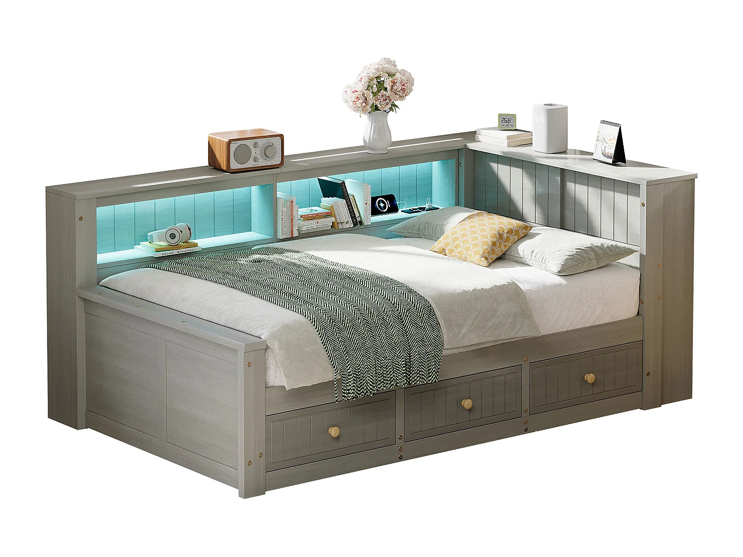 Canapé-lit en bois 90x200 cm - avec éclairage LED - 3 tiroirs - Étagères de rangement - MDF - Gris (matelas non inclus)