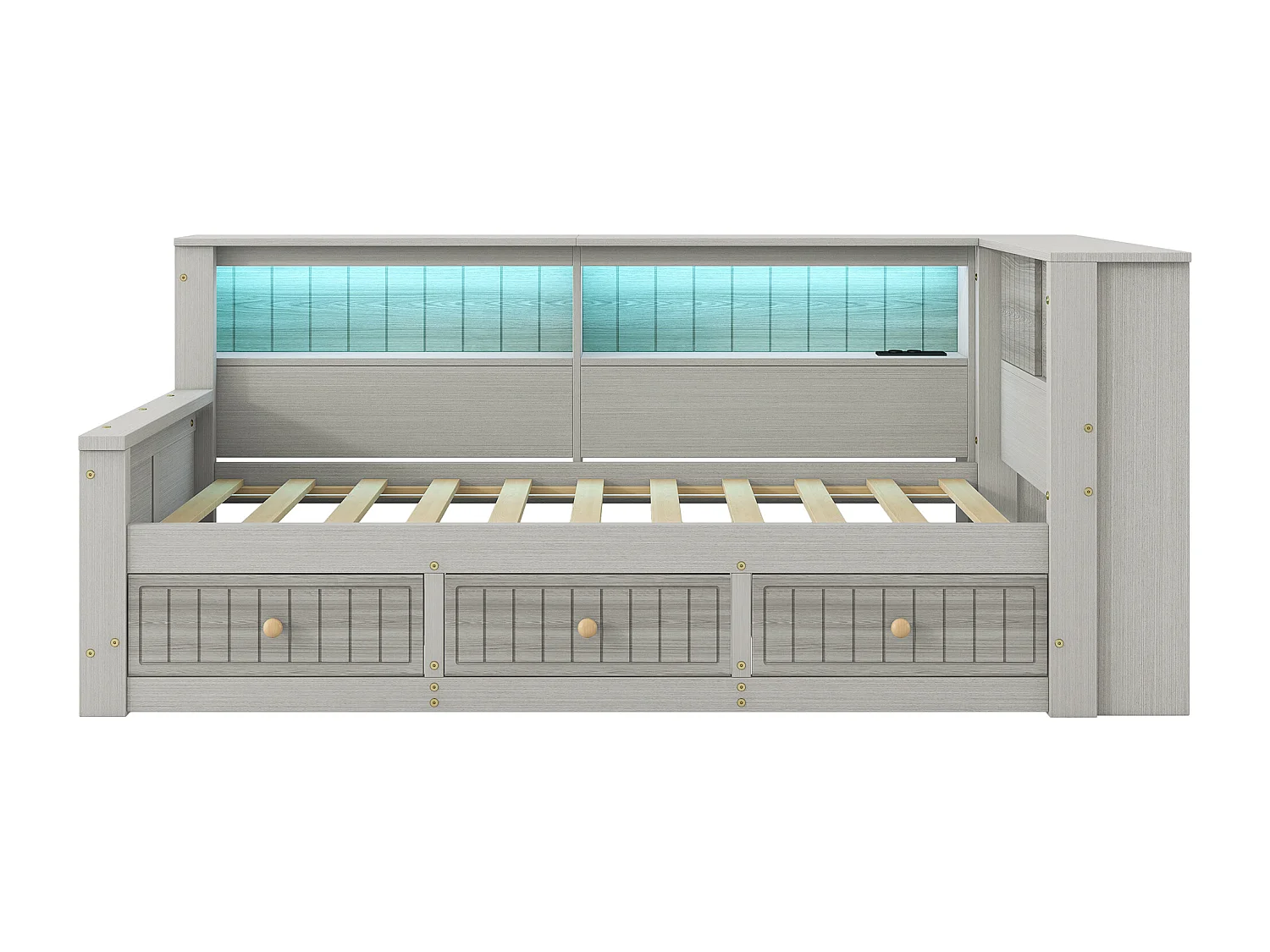 Canapé-lit en bois 90x200 cm - avec éclairage LED - 3 tiroirs - Étagères de rangement - MDF - Gris (matelas non inclus)