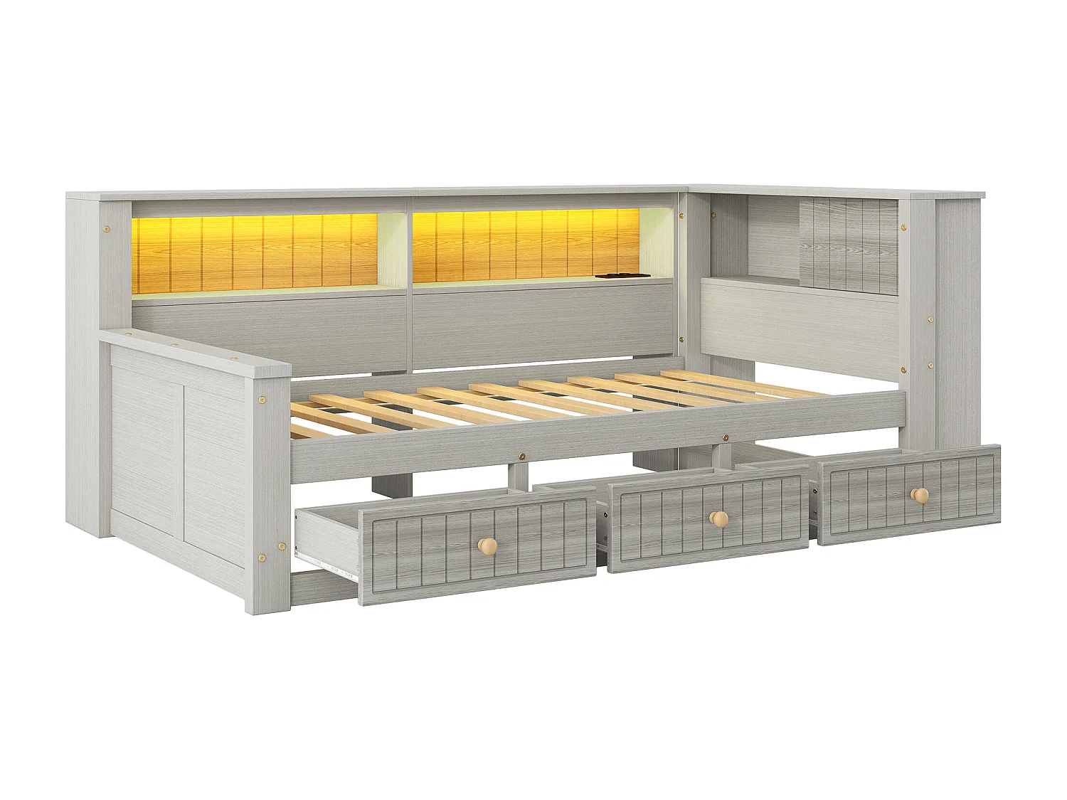 Canapé-lit en bois 90x200 cm - avec éclairage LED - 3 tiroirs - Étagères de rangement - MDF - Gris (matelas non inclus)