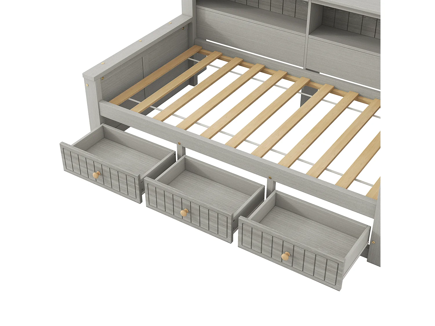 Canapé-lit en bois 90x200 cm - avec éclairage LED - 3 tiroirs - Étagères de rangement - MDF - Gris (matelas non inclus)