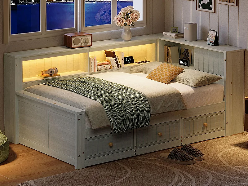 Canapé-lit en bois 90x200 cm - avec éclairage LED - 3 tiroirs - Étagères de rangement - MDF - Gris (matelas non inclus)