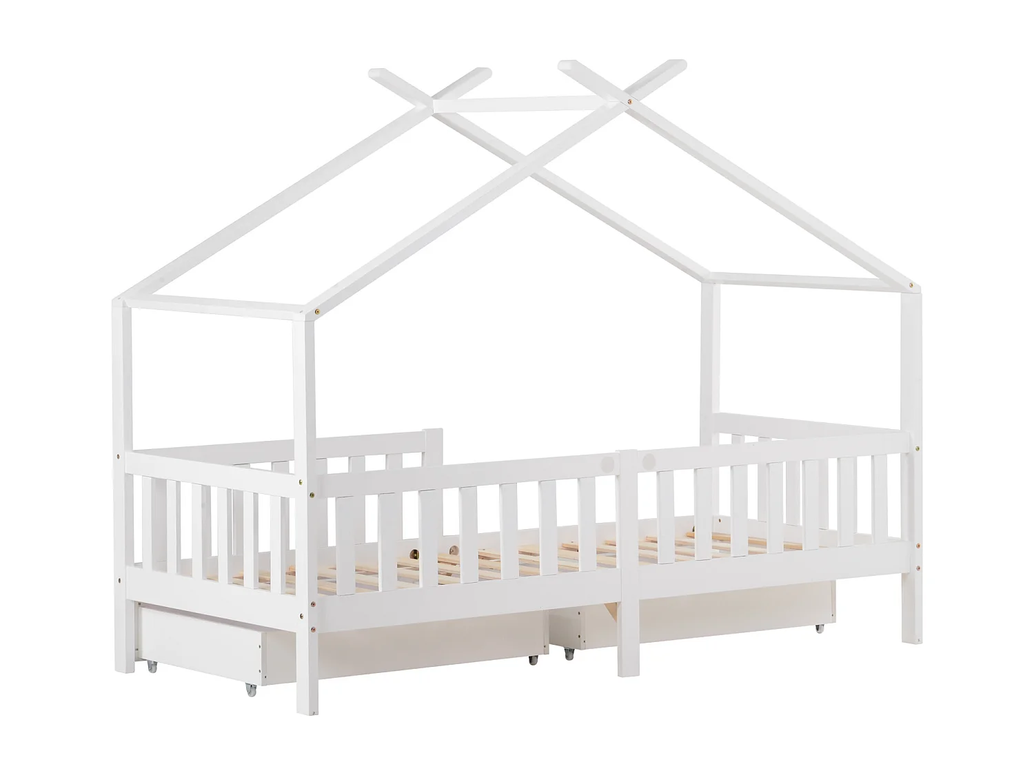 Lit cabane enfant 90x200 cm - avec 2 tiroirs - avec barrières de sécurité et sommier à lattes - blanc
