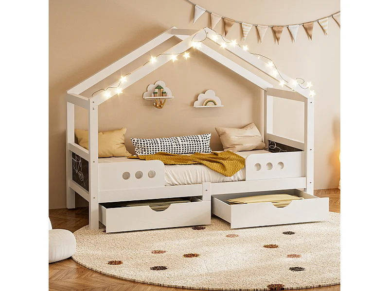 Lit cabane enfant 90×200 cm - avec 2 tiroirs et un tableau noir - en bois massif