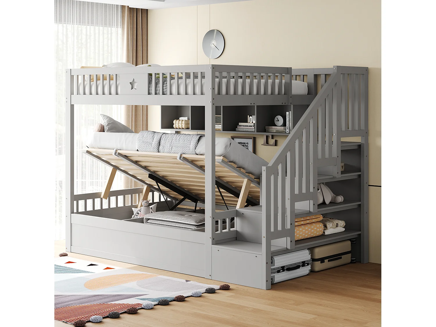 Lit superposés enfant - 2 x 140 x 200 cm - avec rangement hydraulique + escalier de rangement + étagères - bois - gris