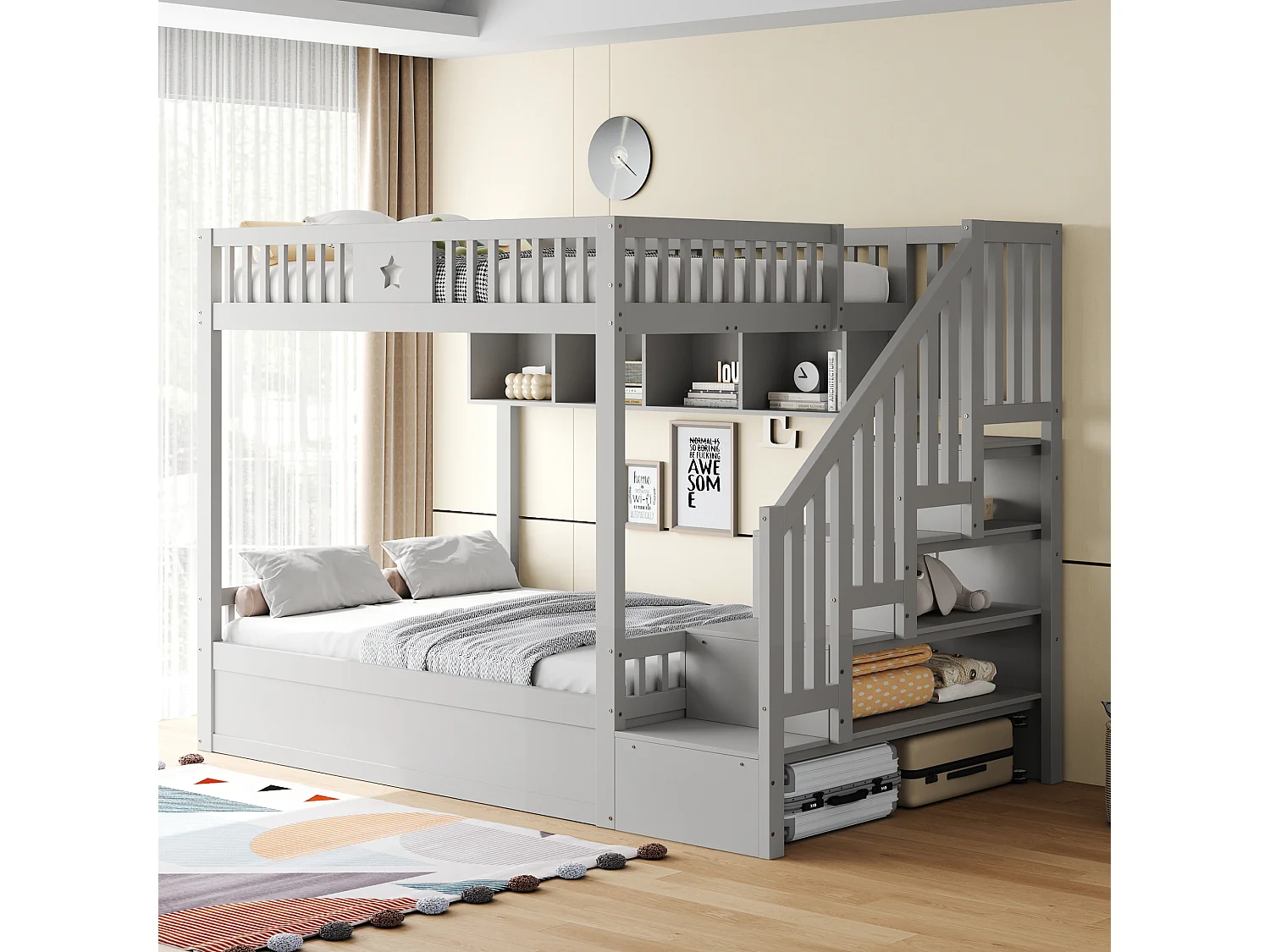 Lit superposés enfant - 2 x 140 x 200 cm - avec rangement hydraulique + escalier de rangement + étagères - bois - gris