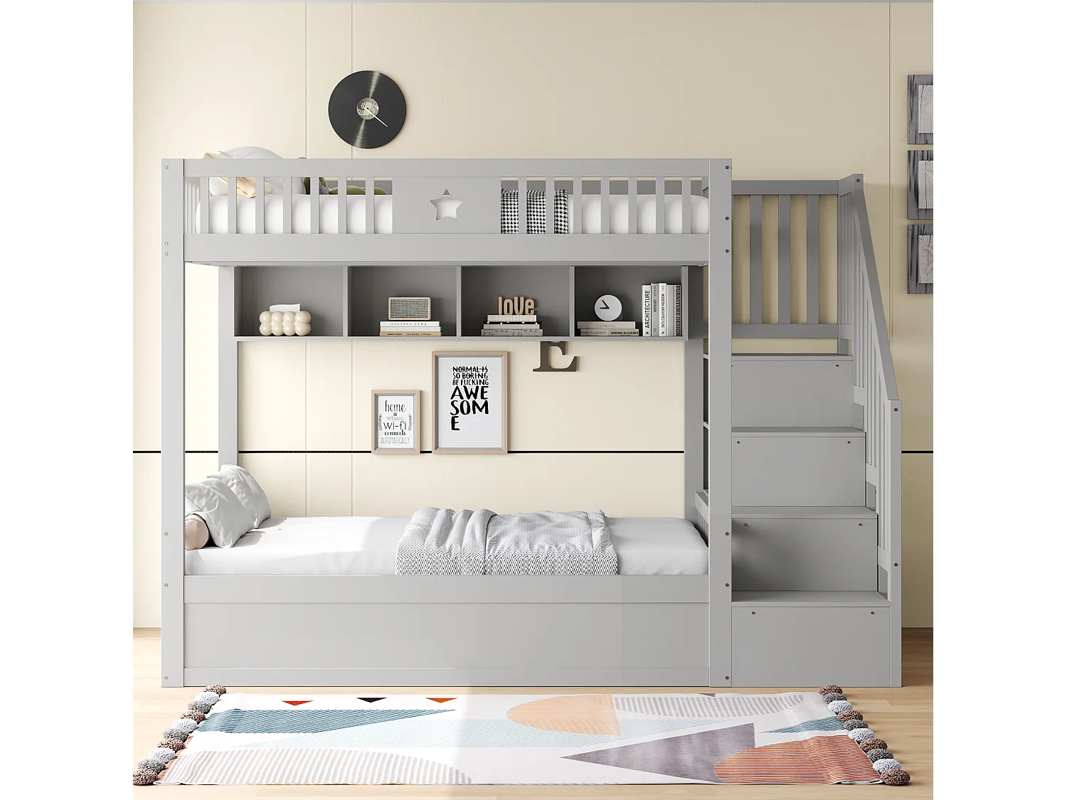 Lit superposés enfant - 2 x 140 x 200 cm - avec rangement hydraulique + escalier de rangement + étagères - bois - gris