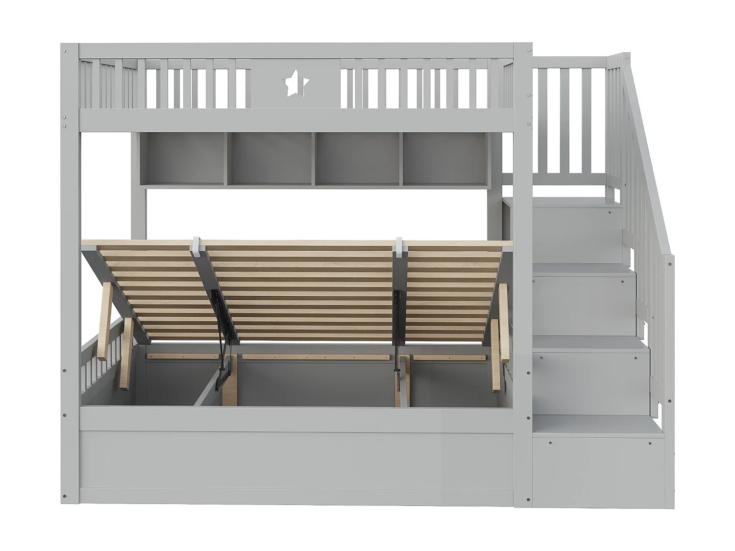 Lit superposés enfant - 2 x 140 x 200 cm - avec rangement hydraulique + escalier de rangement + étagères - bois - gris