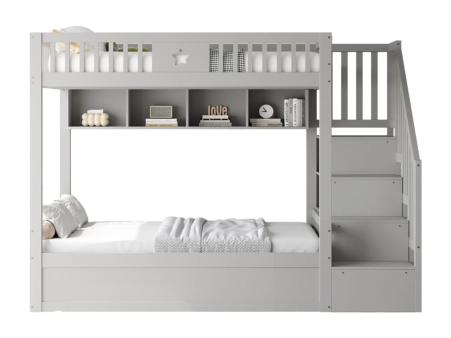 Lit superposés enfant - 2 x 140 x 200 cm - avec rangement hydraulique + escalier de rangement + étagères - bois - gris