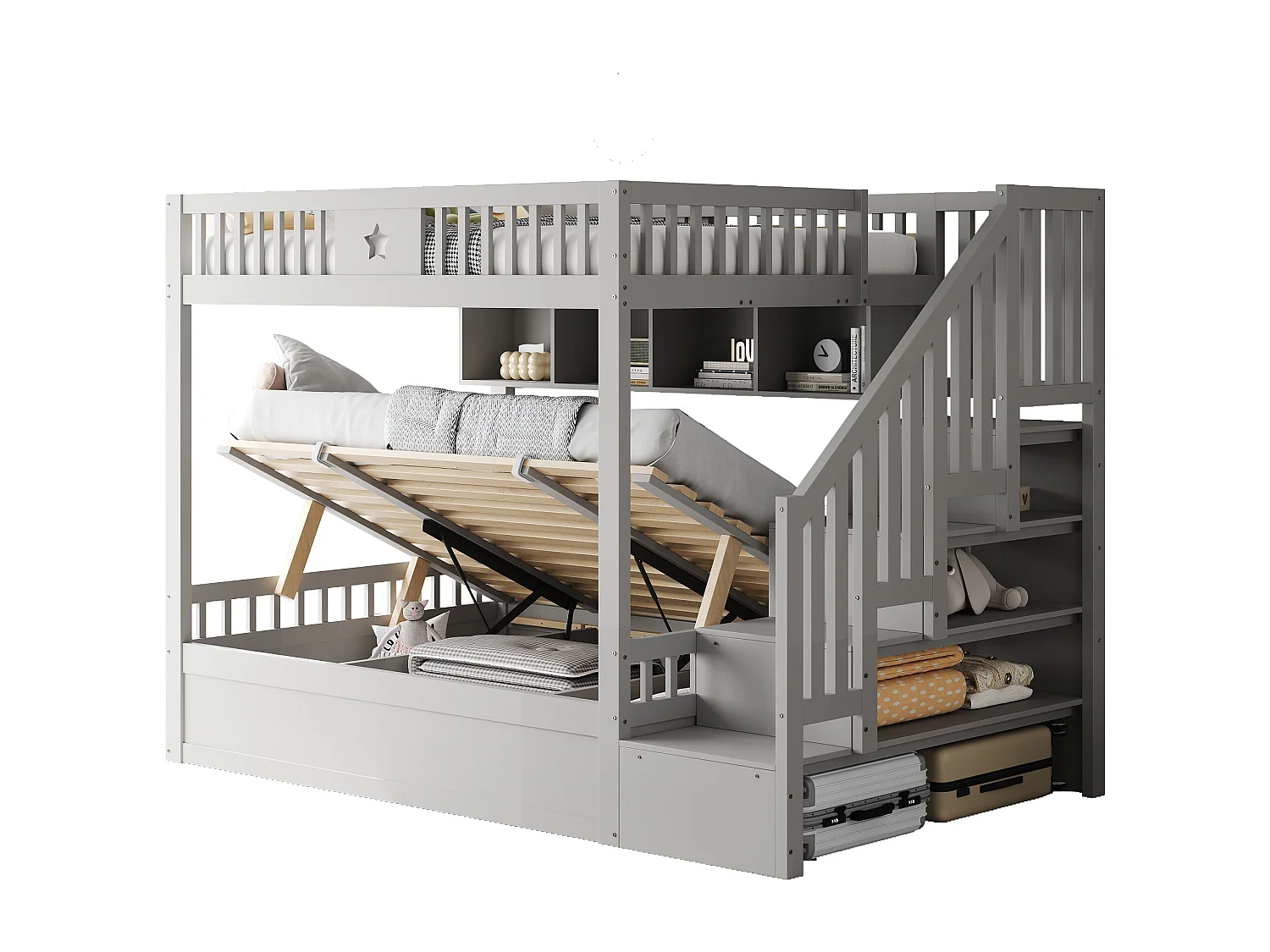 Lit superposés enfant - 2 x 140 x 200 cm - avec rangement hydraulique + escalier de rangement + étagères - bois - gris