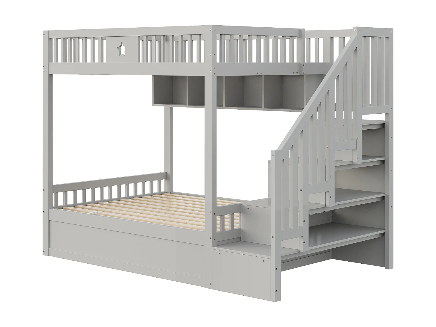 Lit superposés enfant - 2 x 140 x 200 cm - avec rangement hydraulique + escalier de rangement + étagères - bois - gris