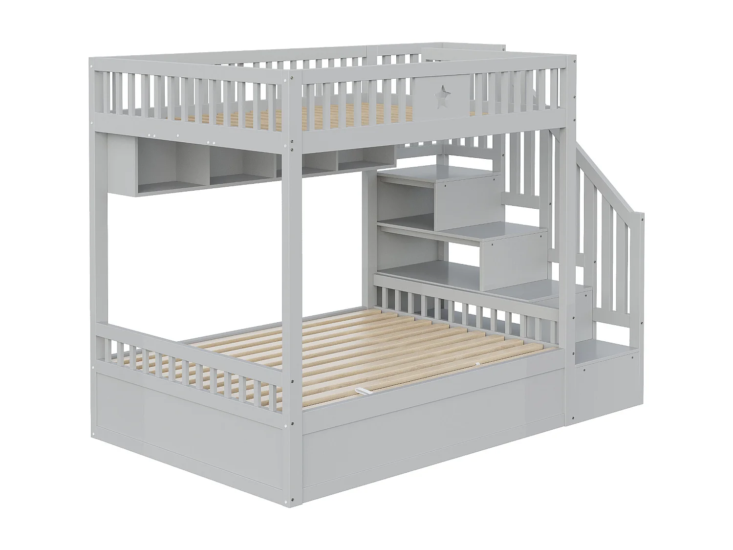 Lit superposés enfant - 2 x 140 x 200 cm - avec rangement hydraulique + escalier de rangement + étagères - bois - gris