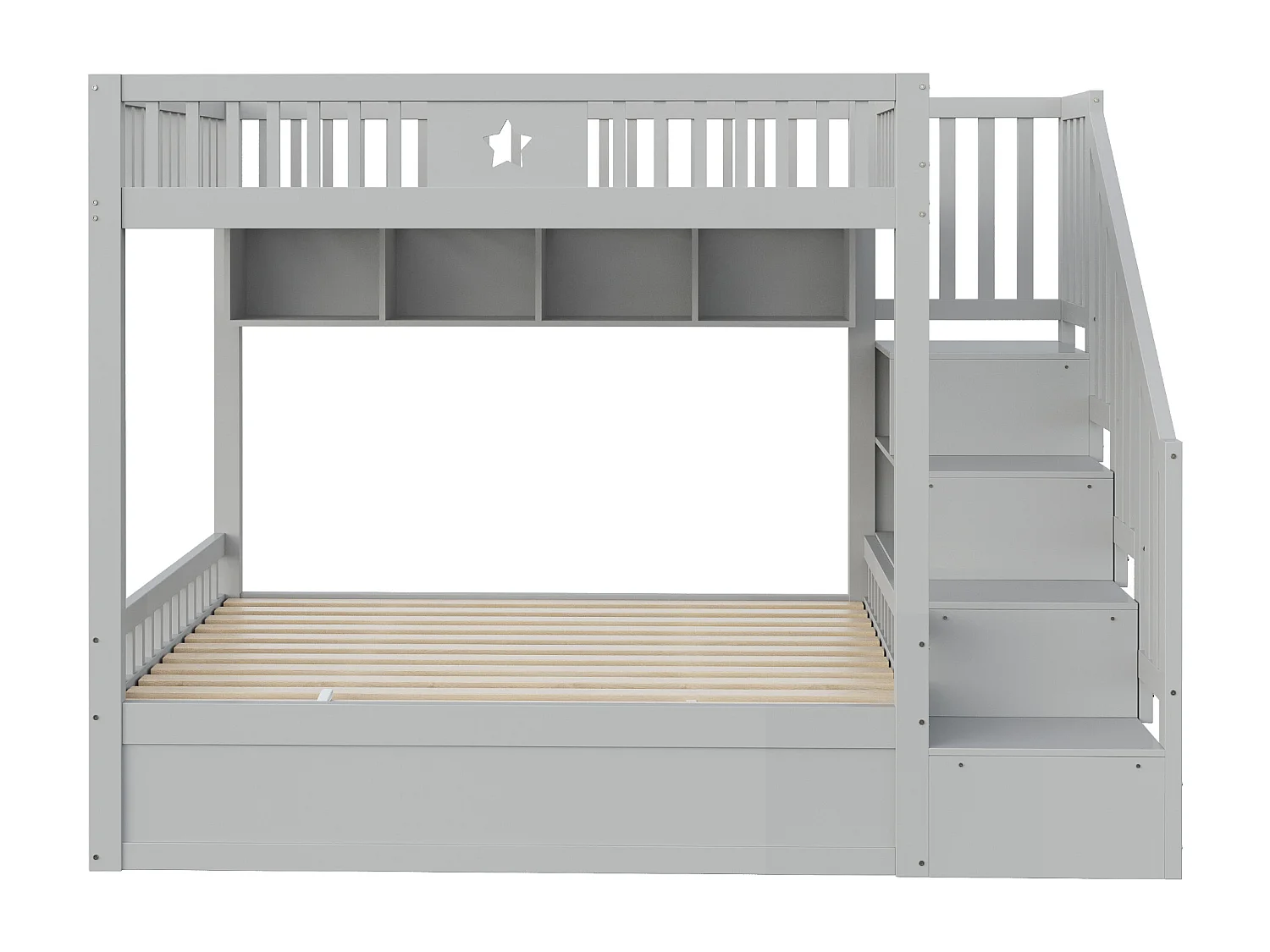 Lit superposés enfant - 2 x 140 x 200 cm - avec rangement hydraulique + escalier de rangement + étagères - bois - gris