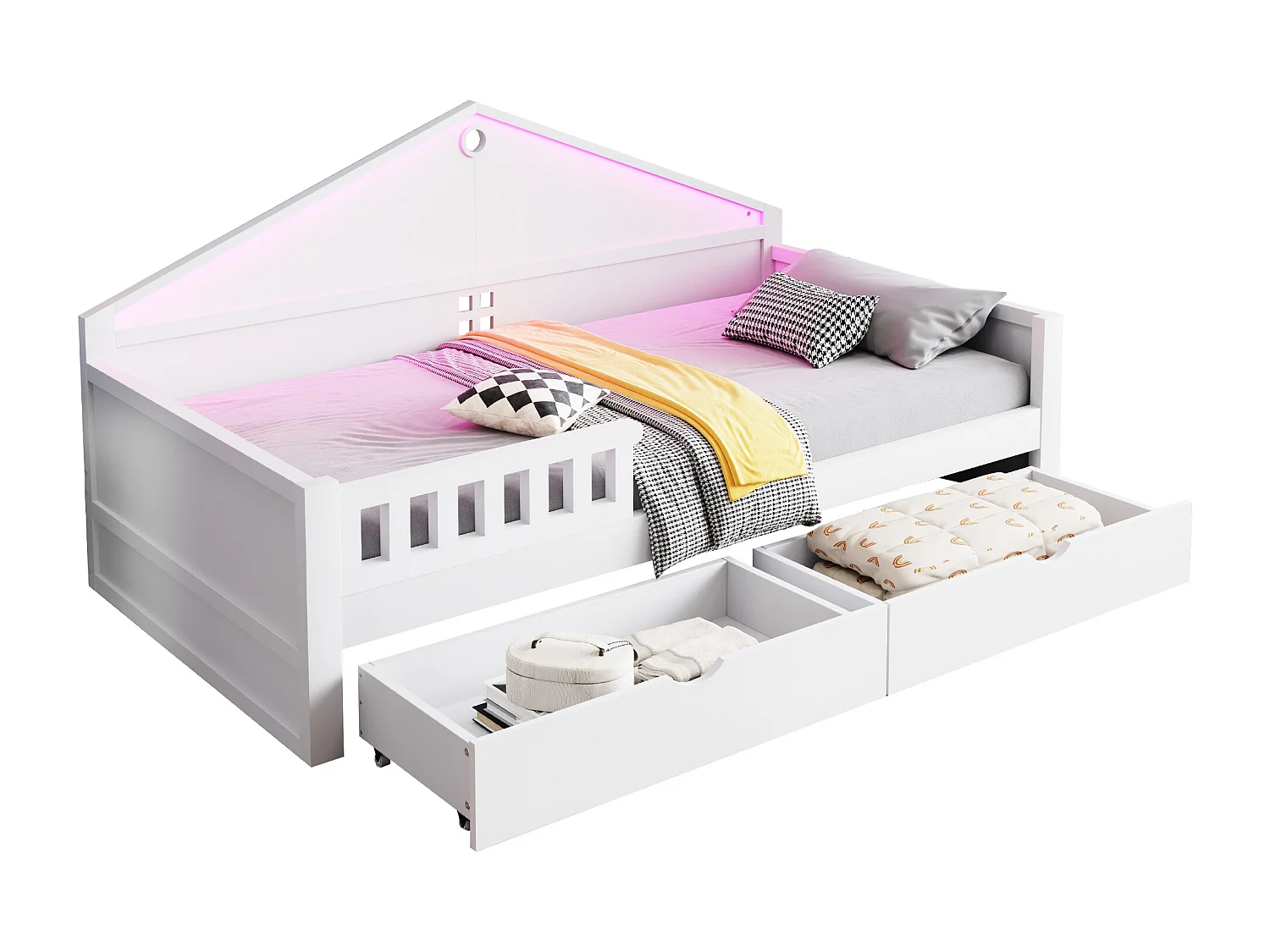 Lit enfant 90x200 cm - avec lumière LED - avec 2 tiroirs - sommier à lattes - blanc (matelas non inclus)