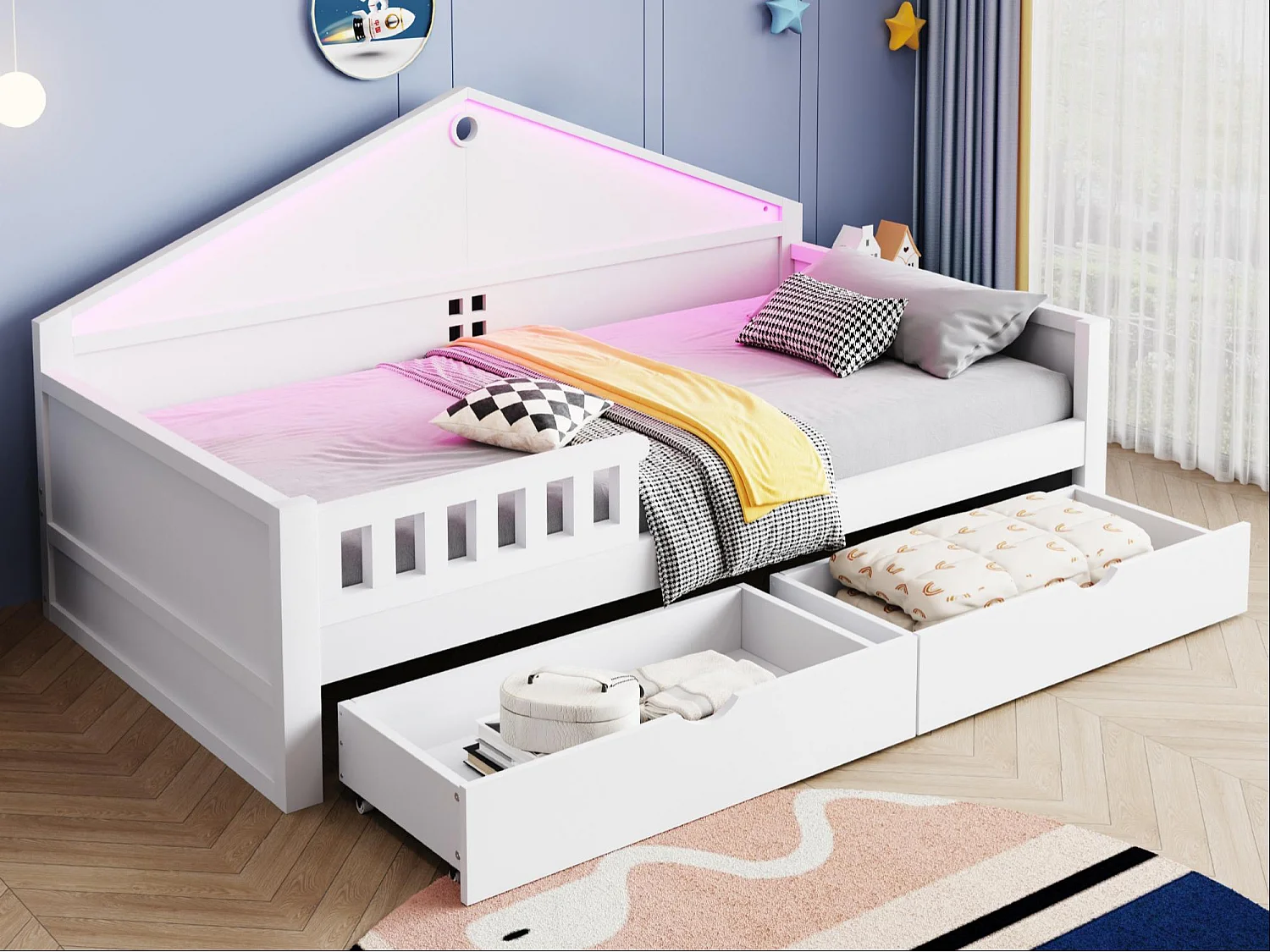 Kinderbett 90x200 cm - mit LED-Licht - mit 2 Schubladen - Lattenrost - weiß​ (Matratze nicht inbegriffen)