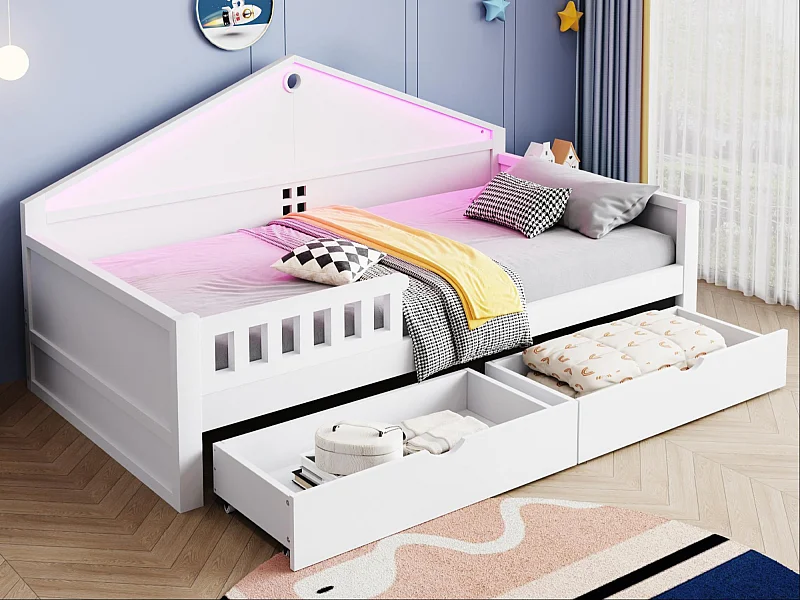 Lit enfant 90x200 cm - avec lumière LED - avec 2 tiroirs - sommier à lattes - blanc (matelas non inclus)
