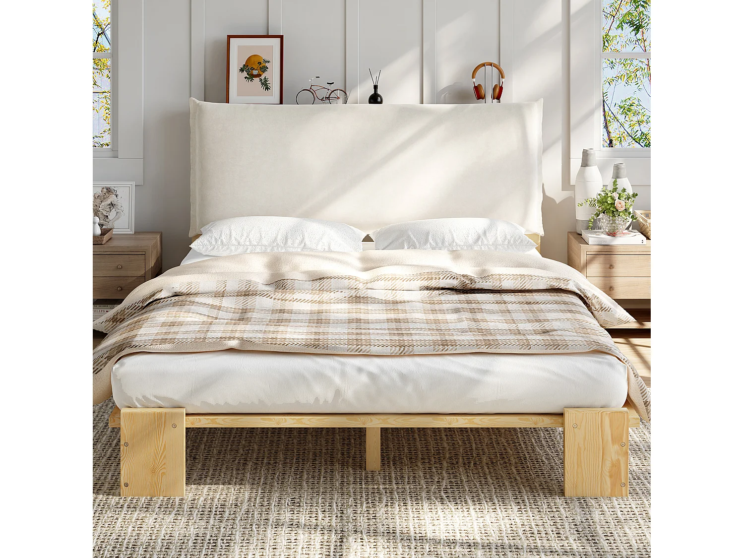 Lit capitonné double - 140 x 200 cm - avec tête de lit + sommier à lattes - pin + contreplaqué - naturel