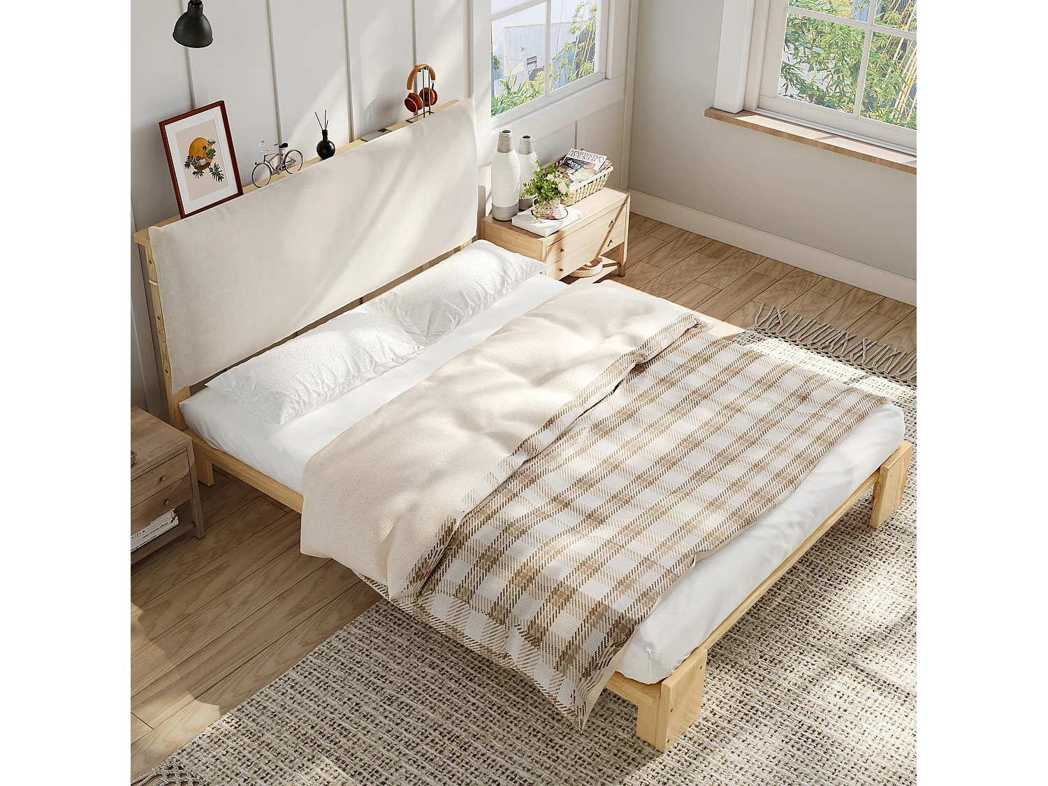 Lit capitonné double - 140 x 200 cm - avec tête de lit + sommier à lattes - pin + contreplaqué - naturel