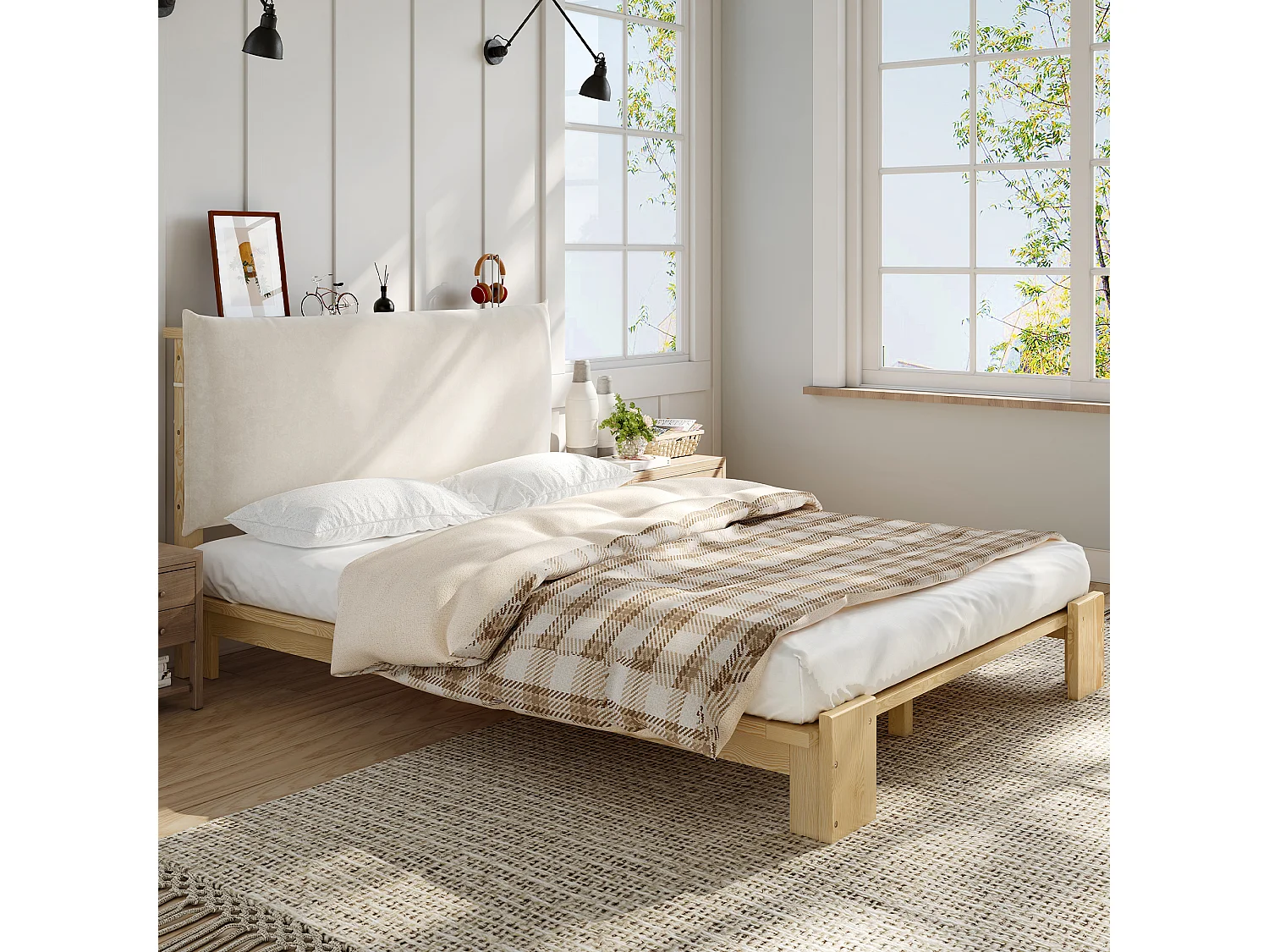 Lit capitonné double - 140 x 200 cm - avec tête de lit + sommier à lattes - pin + contreplaqué - naturel