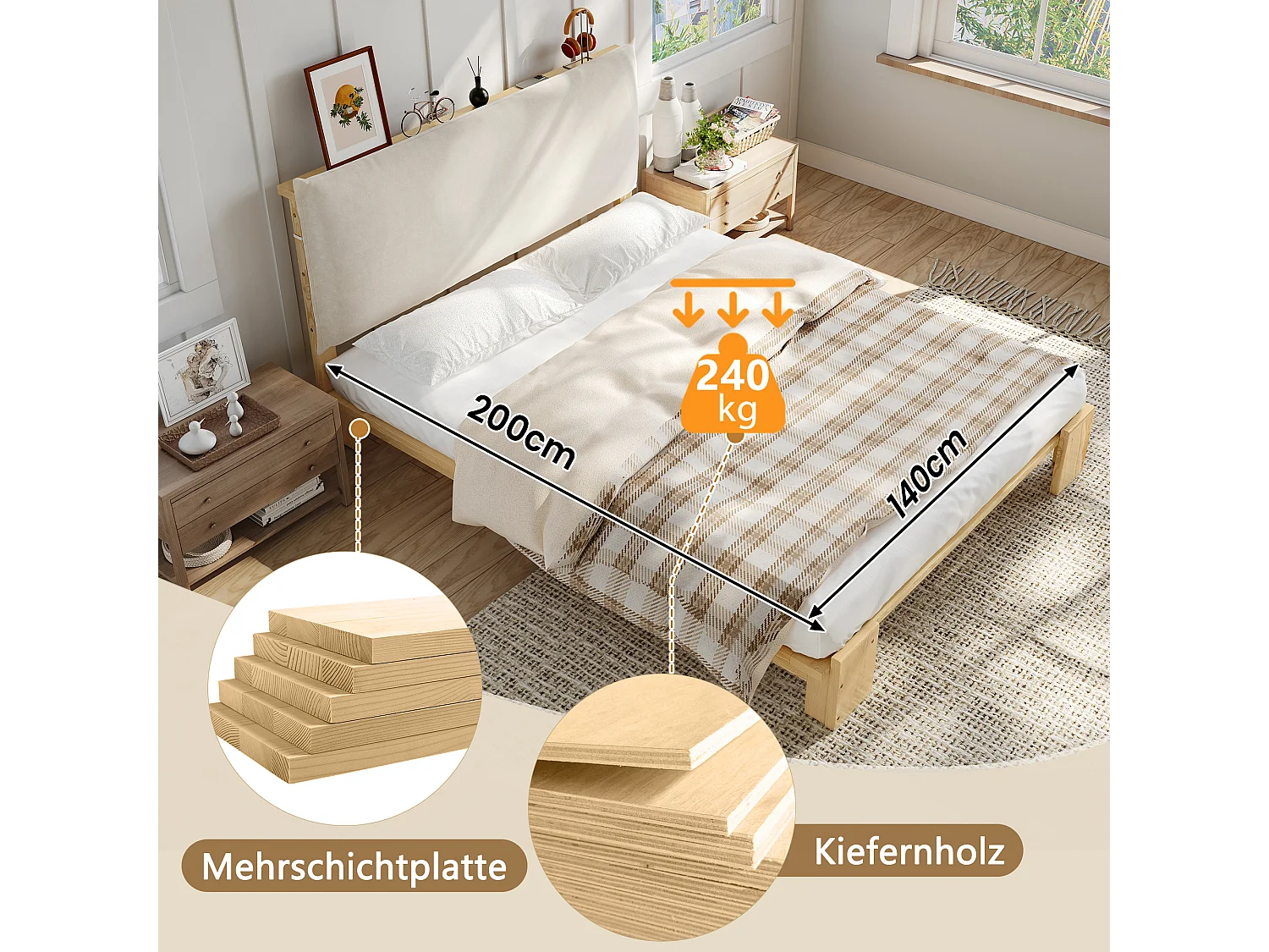 Lit capitonné double - 140 x 200 cm - avec tête de lit + sommier à lattes - pin + contreplaqué - naturel