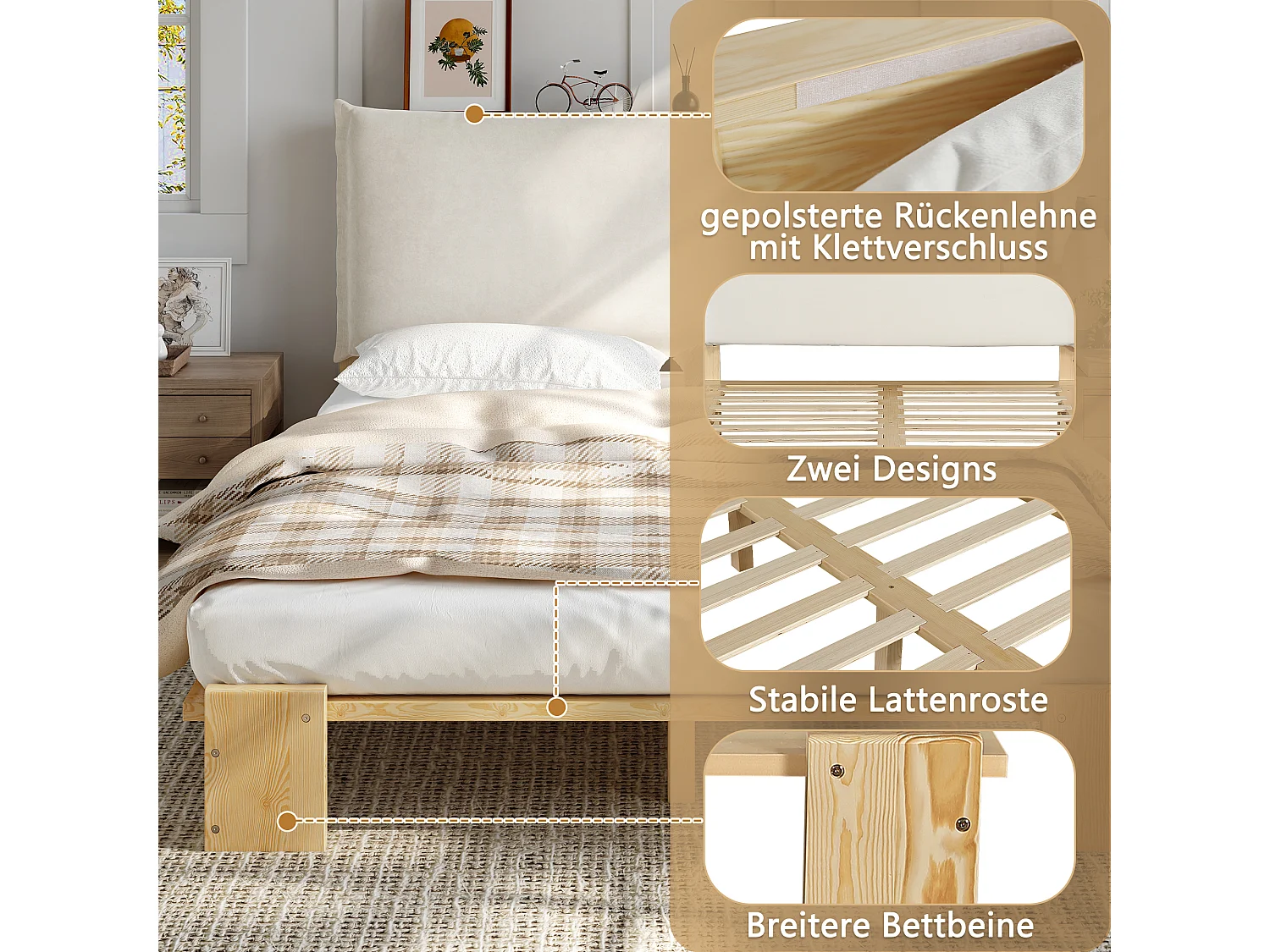 Lit capitonné double - 140 x 200 cm - avec tête de lit + sommier à lattes - pin + contreplaqué - naturel