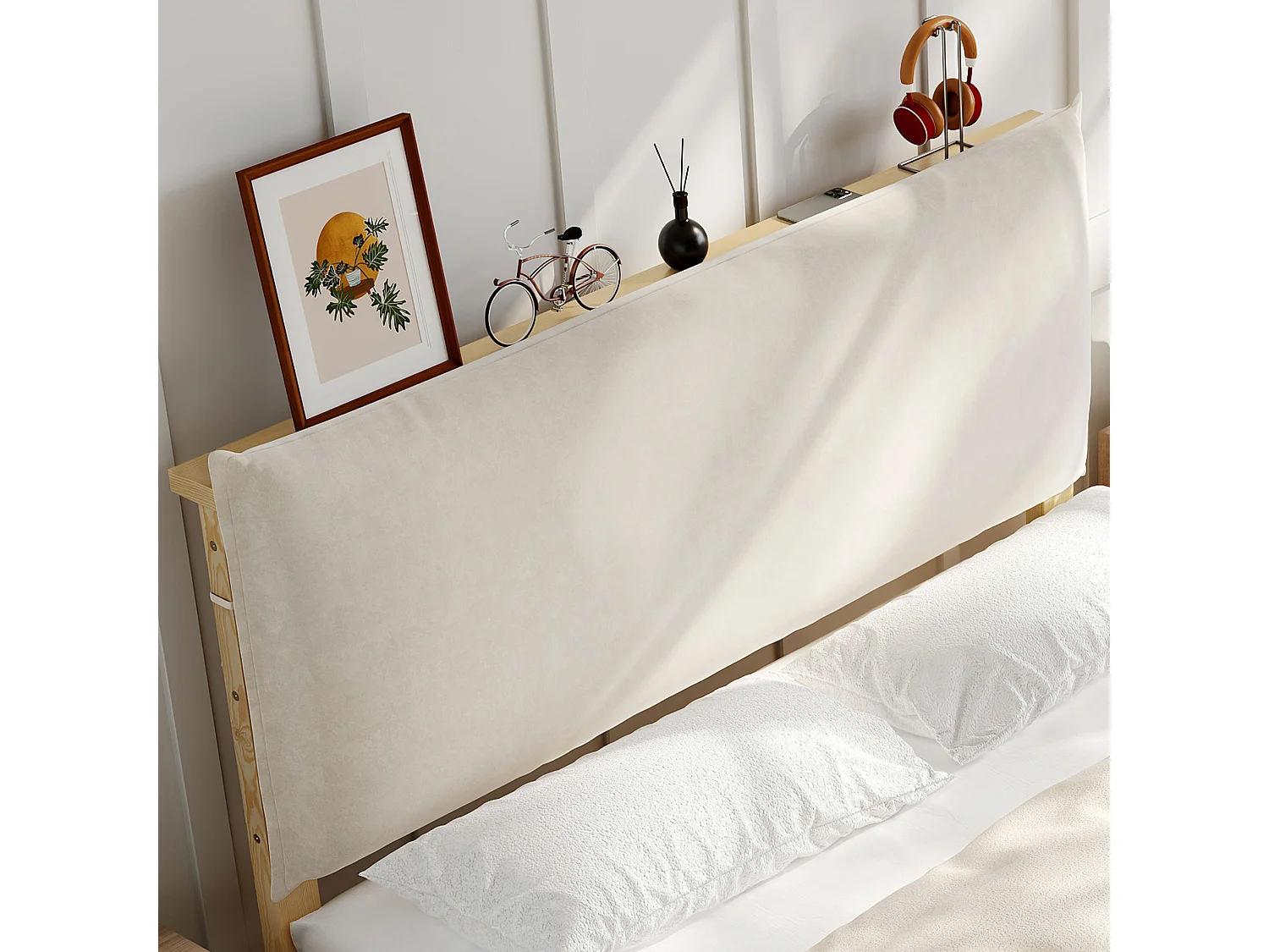 Lit capitonné double - 140 x 200 cm - avec tête de lit + sommier à lattes - pin + contreplaqué - naturel